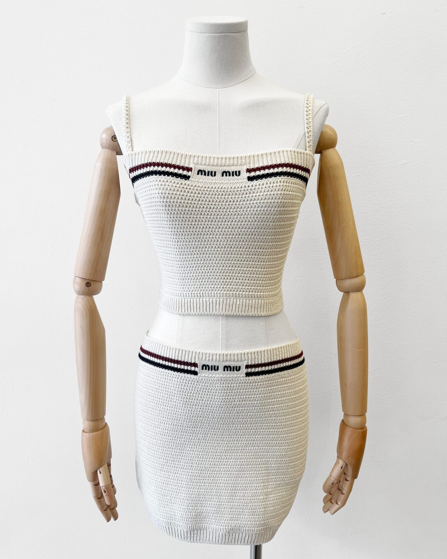 Miu Miu beige cotton knit top with navy embroidered logo