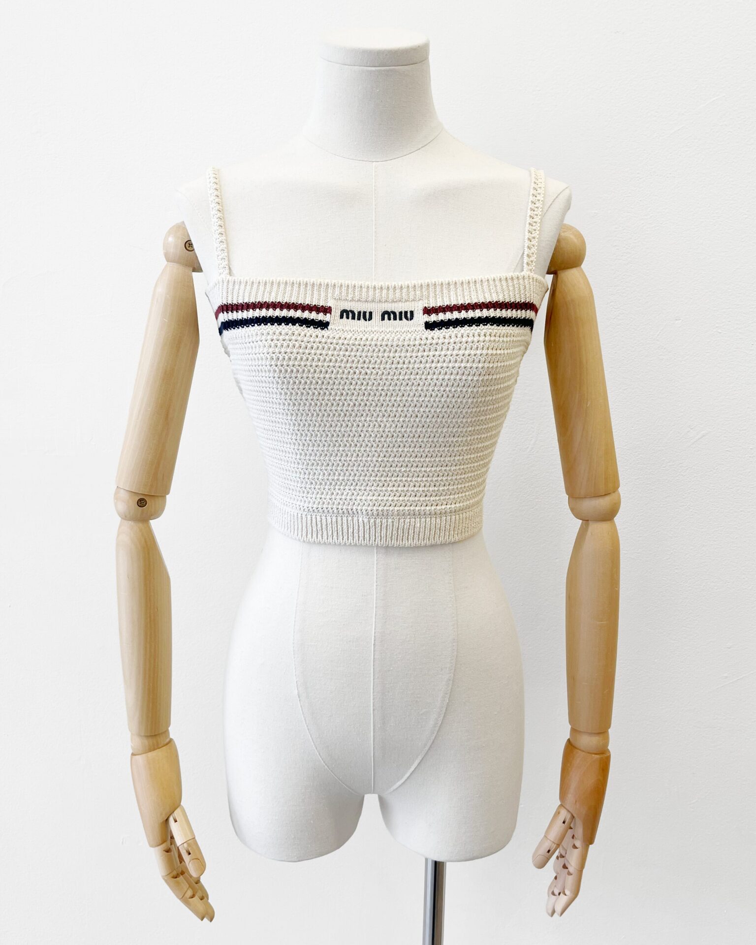 Miu Miu beige cotton knit top with navy embroidered logo
