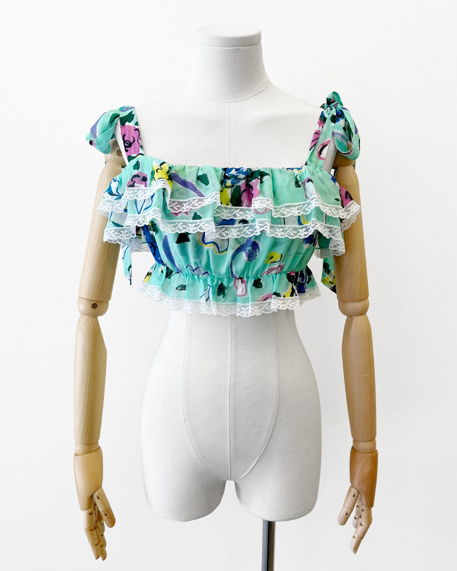 Alessandra Rich mint floral print chiffon ruffle bralette