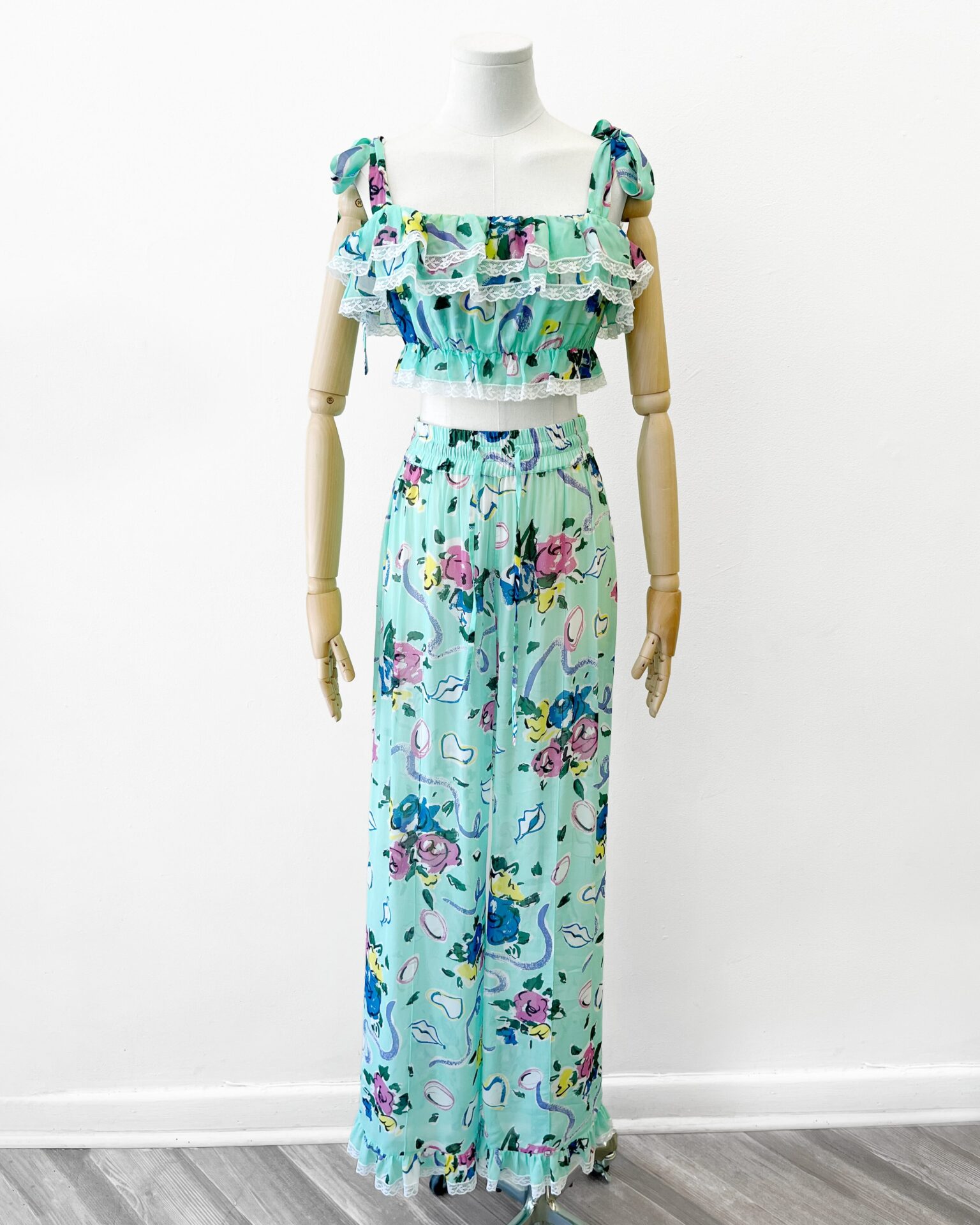 Alessandra Rich mint floral print chiffon ruffle bralette