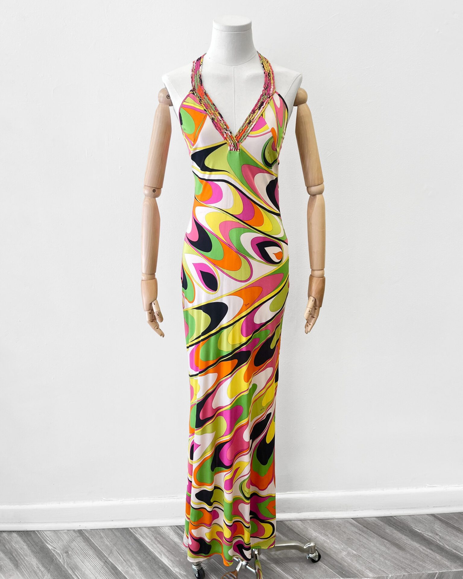 Emilio Pucci 2005 silk jersey gown w chain stitch neckline