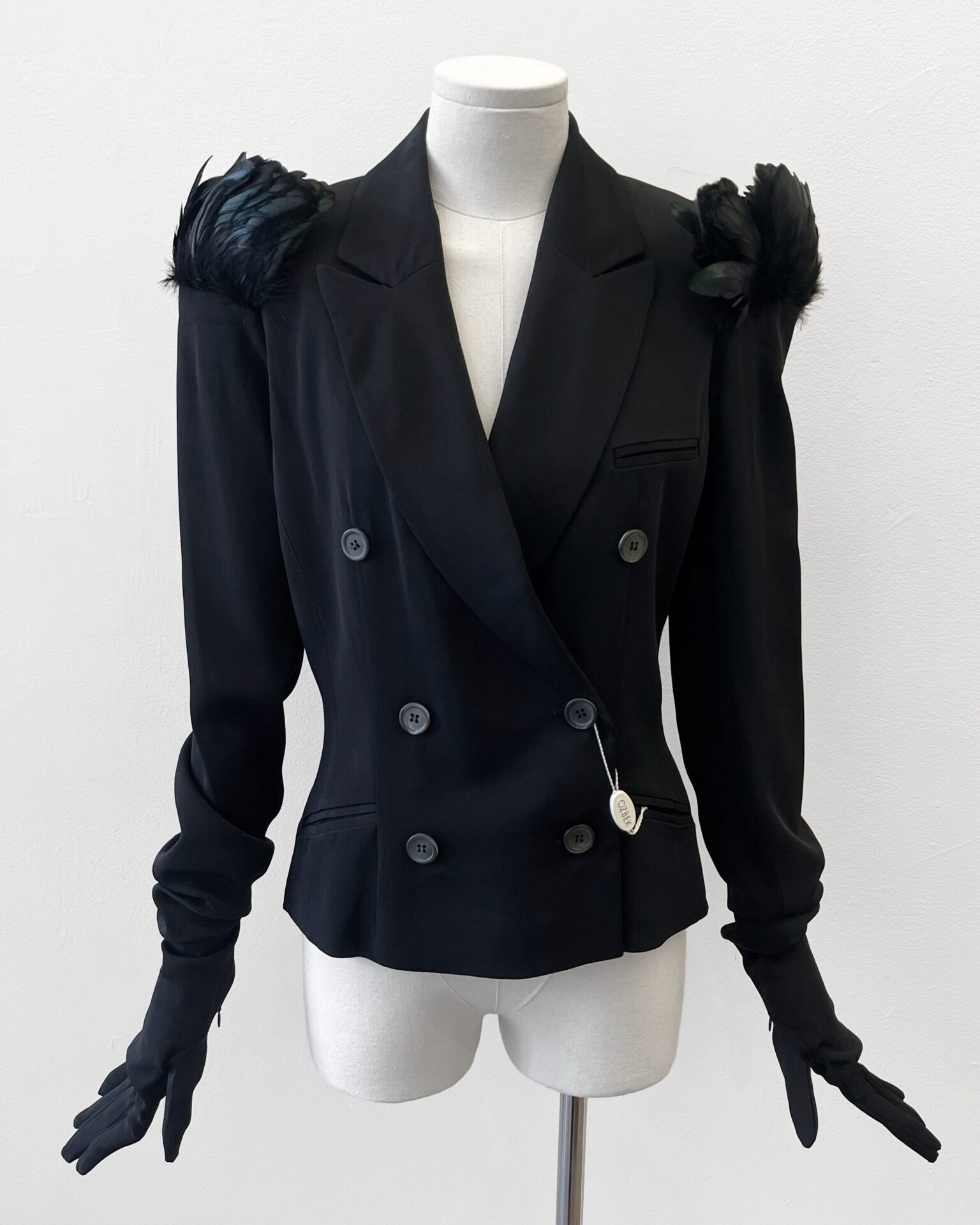 Rifat Ozbek 1995 black gloved jacket with feather shoulders