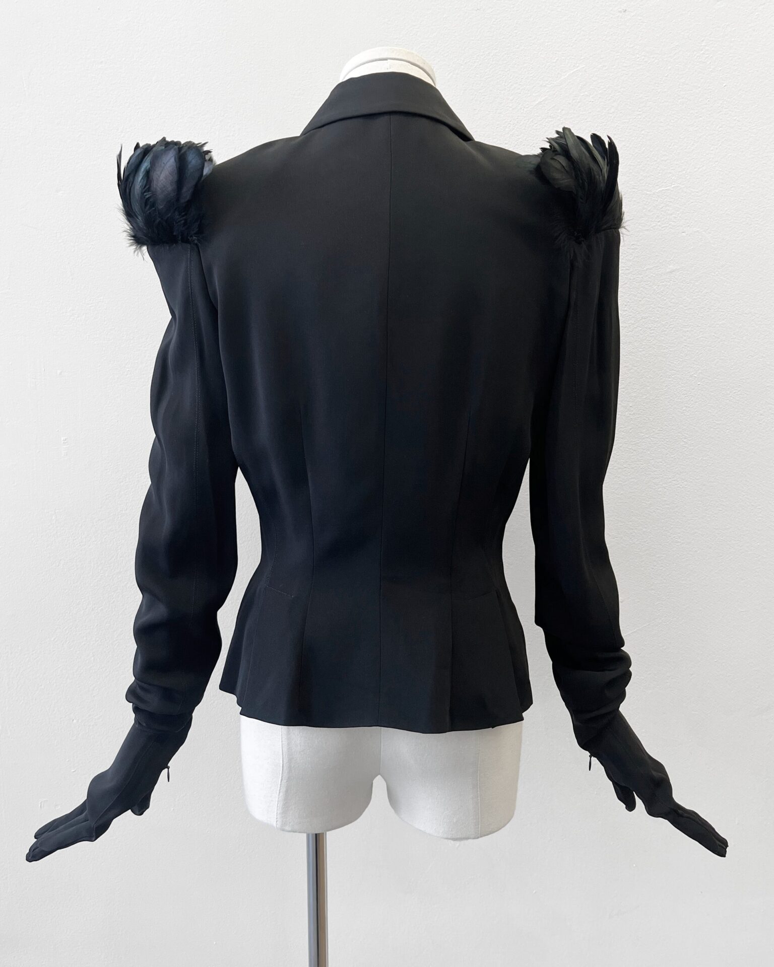 Rifat Ozbek 1995 black gloved jacket with feather shoulders