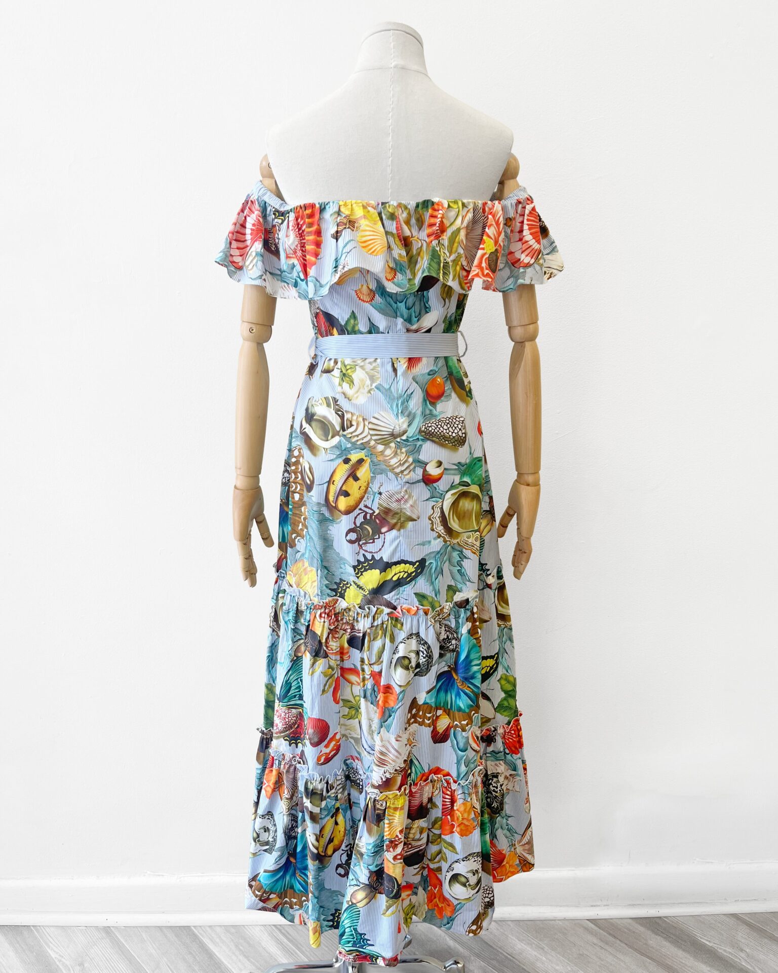 Mary Katrantzou shell print ruffled cotton pinstriped gown
