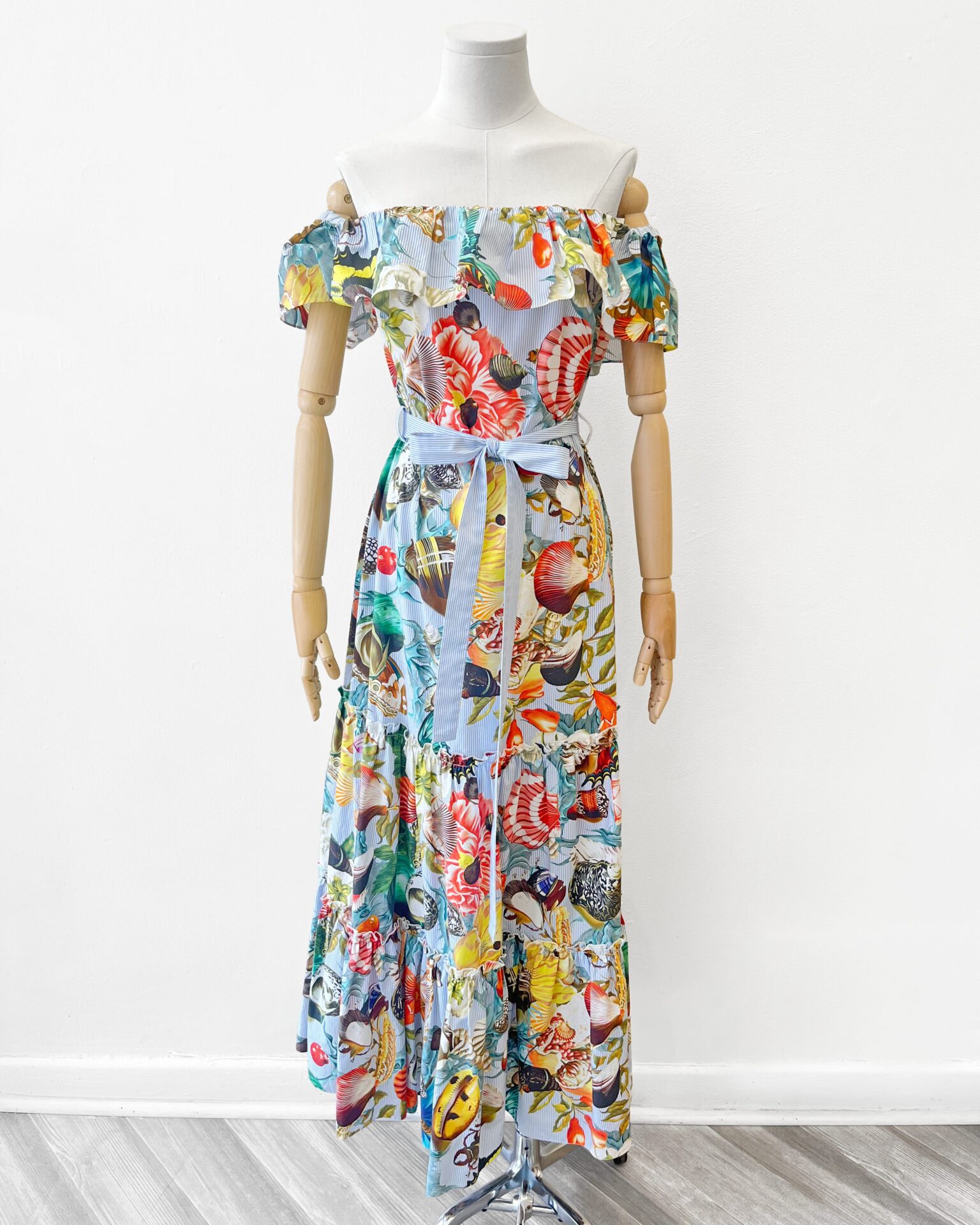 Mary Katrantzou shell print ruffled cotton pinstriped gown