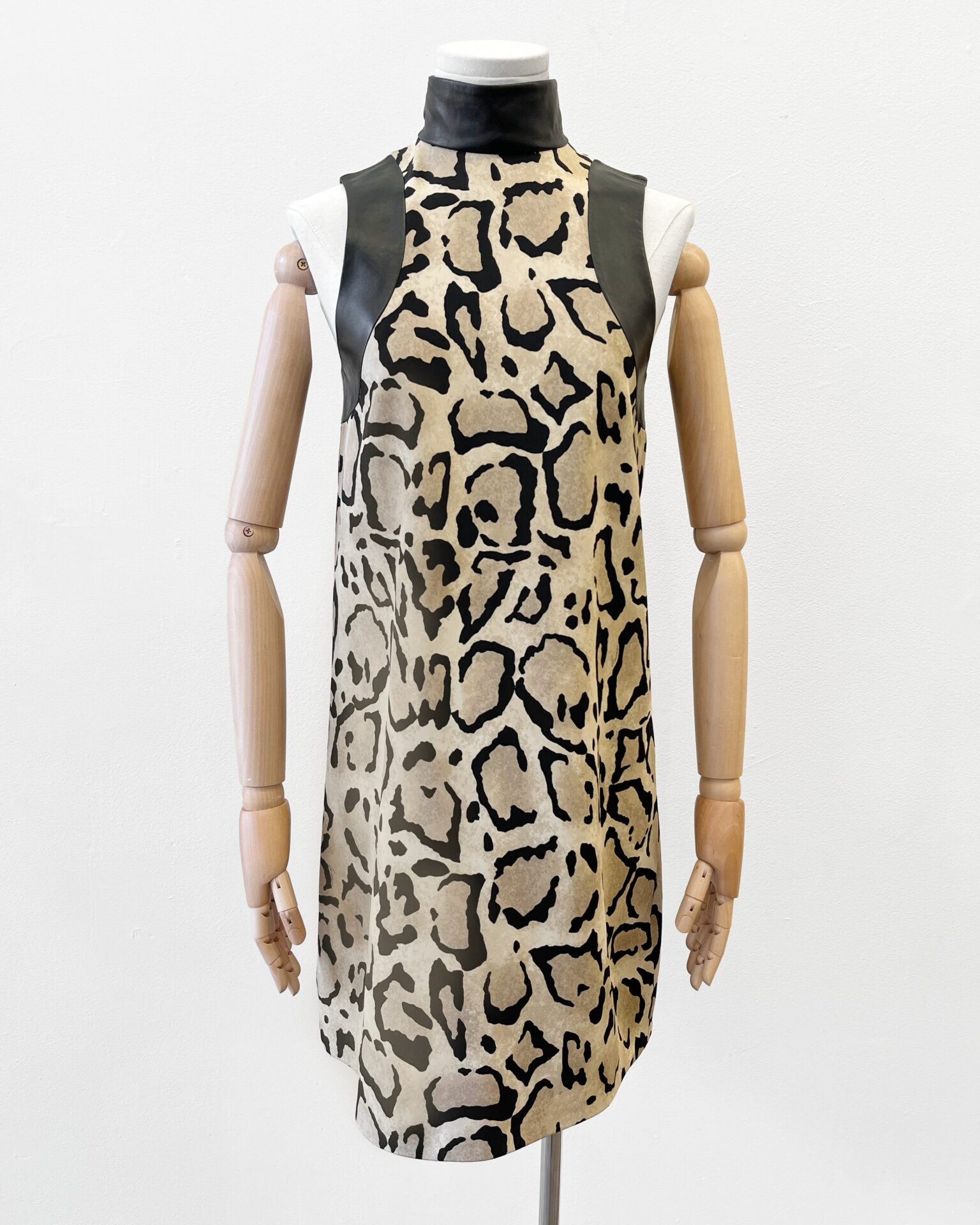 Gucci silk leopard print mini dress with black leather trim