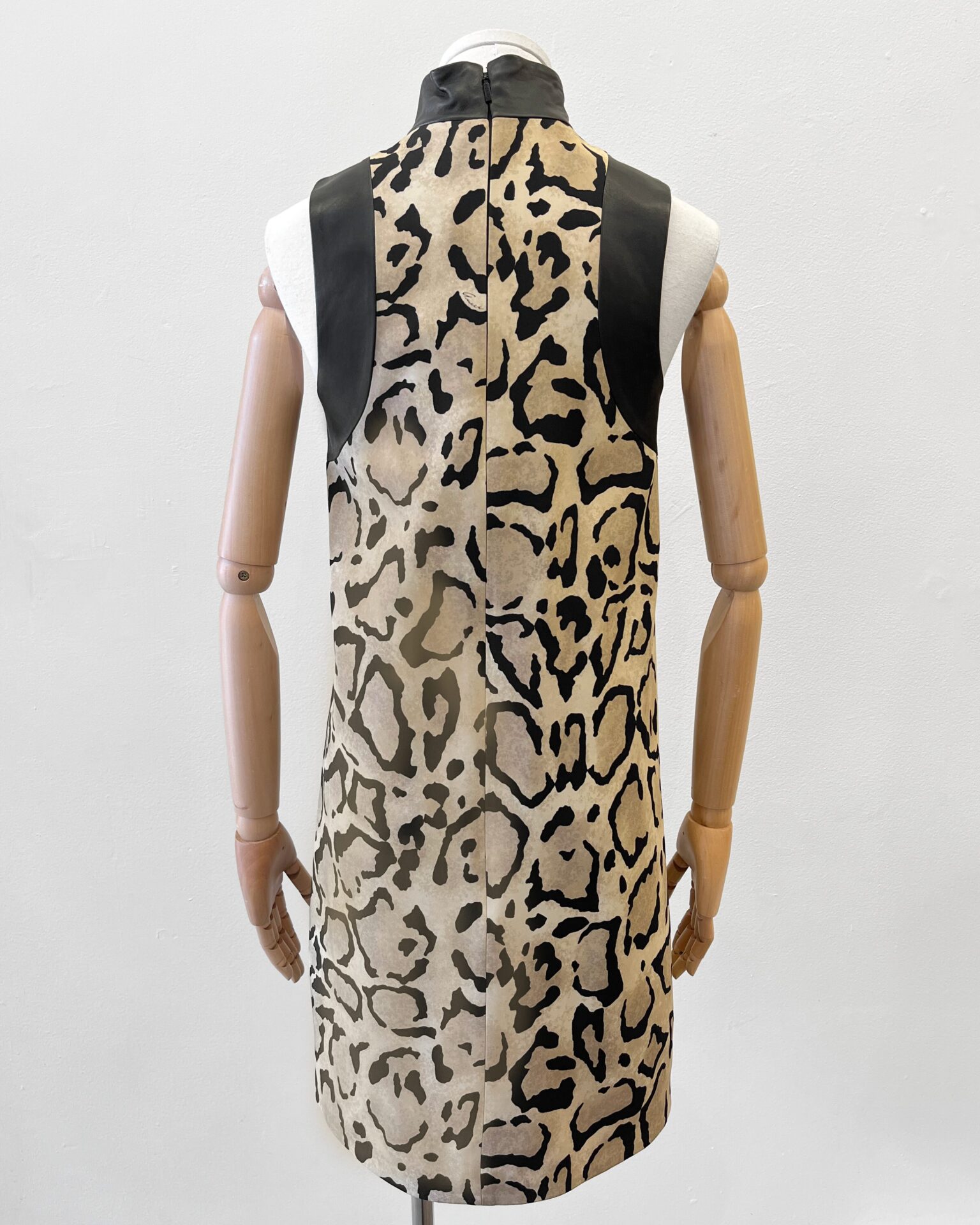 Gucci silk leopard print mini dress with black leather trim