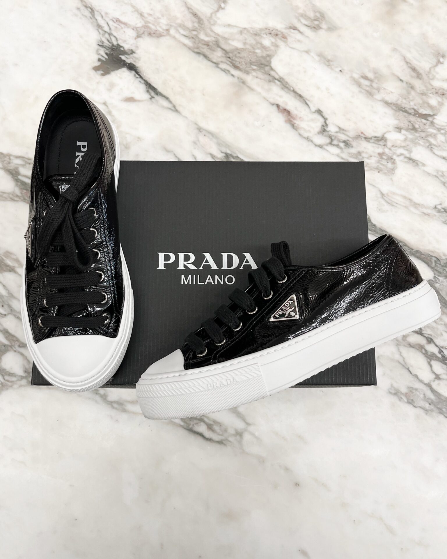 Prada Smash Naplak black patent leather logo sneakers