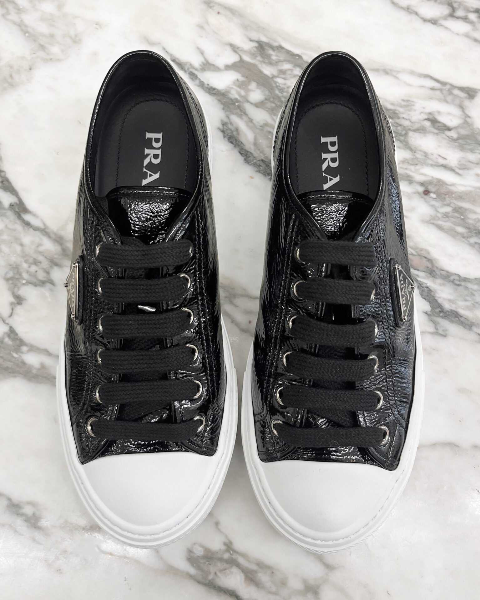 Prada Smash Naplak black patent leather logo sneakers