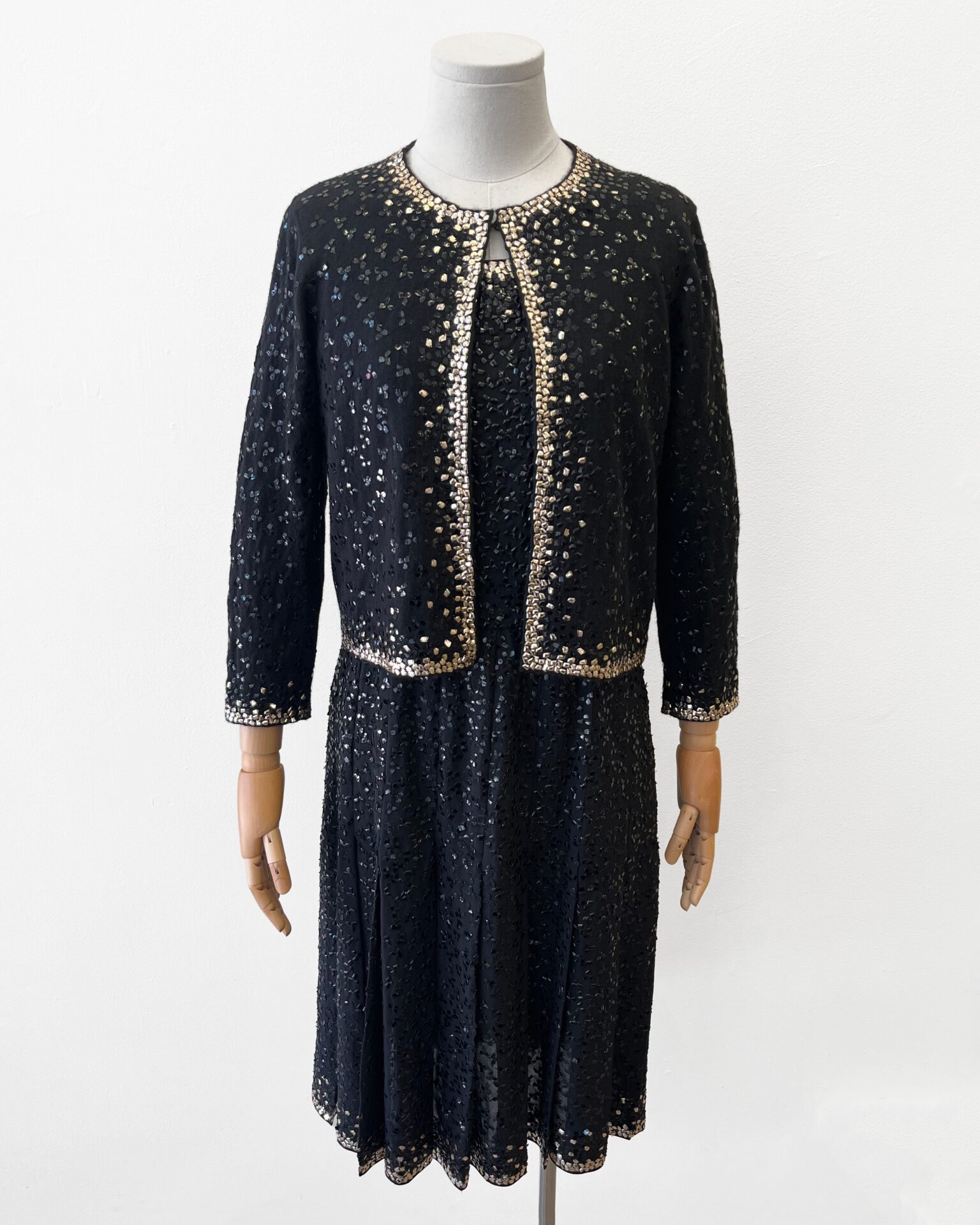 Oscar de la Renta black sequin silk dress & cardigan set