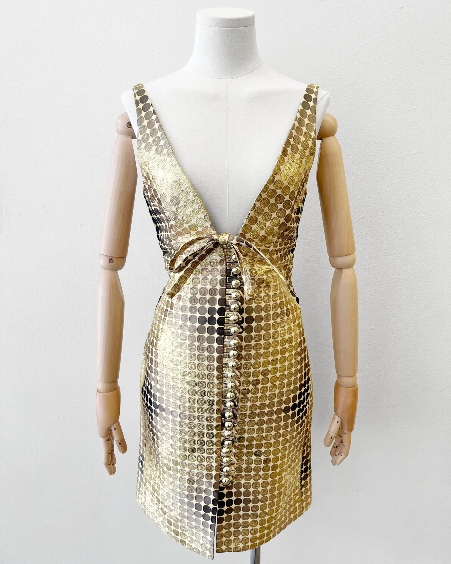 Paco Rabanne gold polka dot fabric dress with button front
