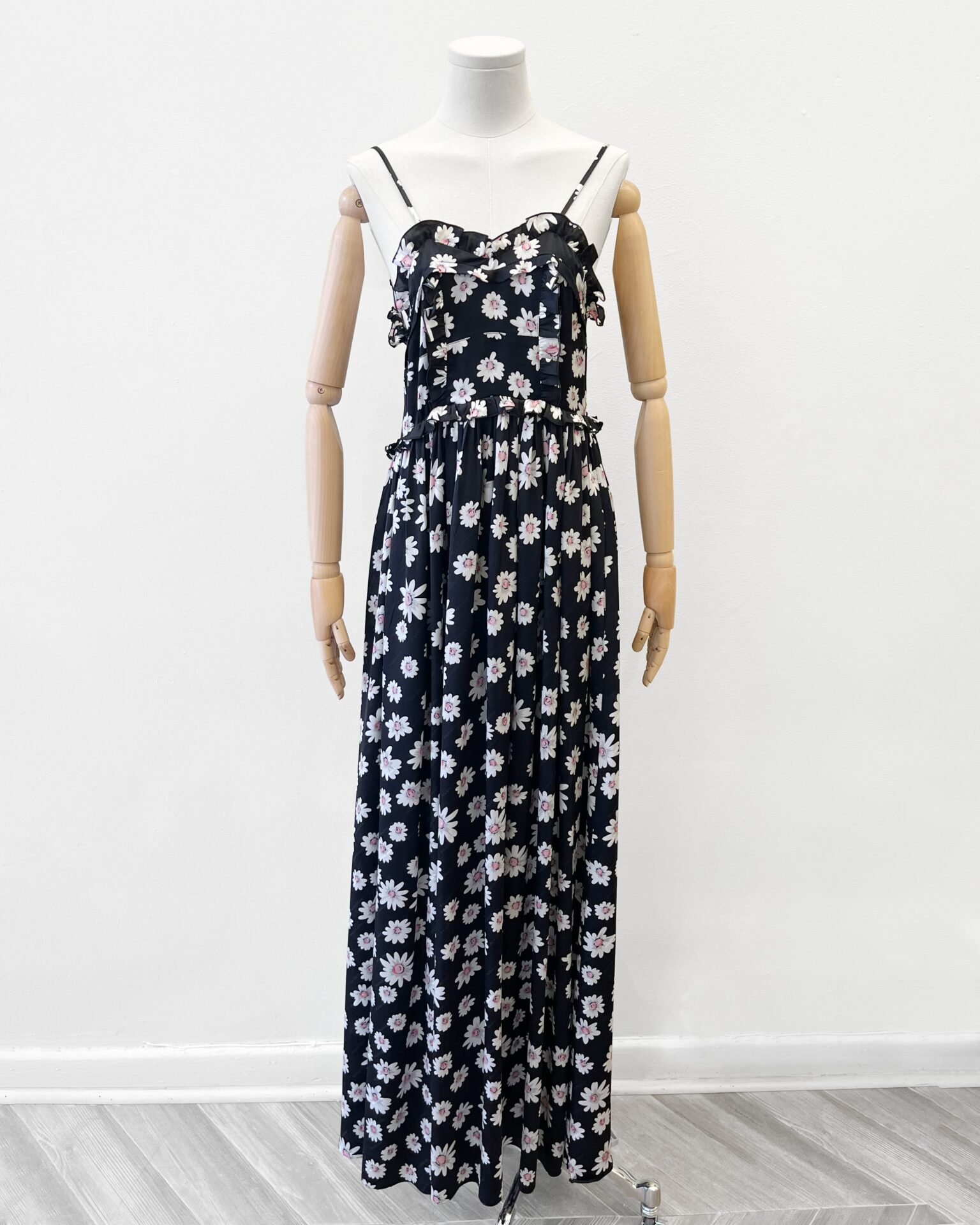 Balenciaga black silk gown with logo weave & flower print