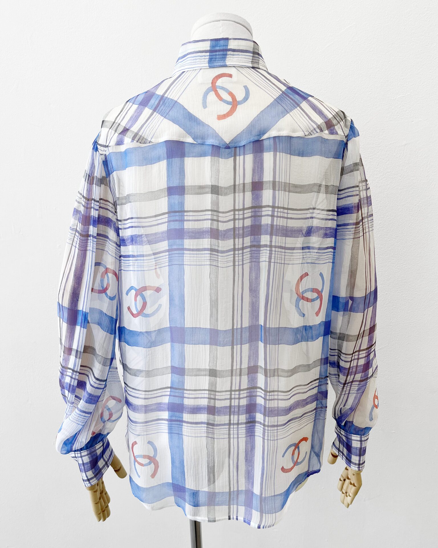 Chanel 2023 plaid silk chiffon button down shirt