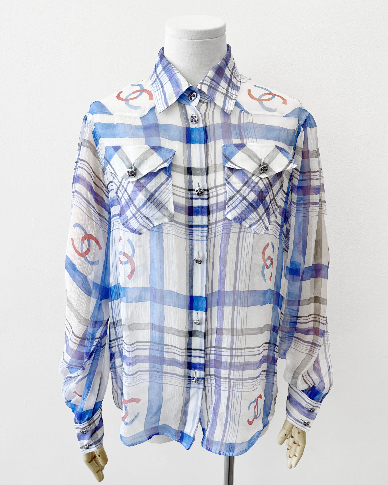 Chanel 2023 plaid silk chiffon button down shirt