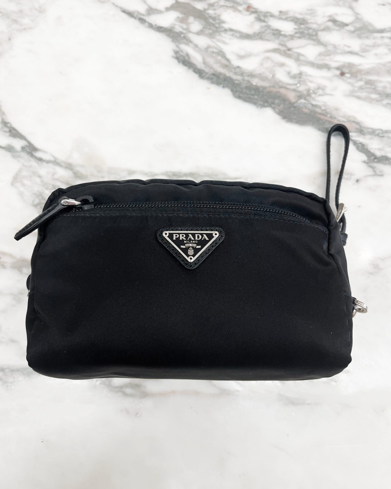 Prada black nylon pouch wristlet with silver hardware