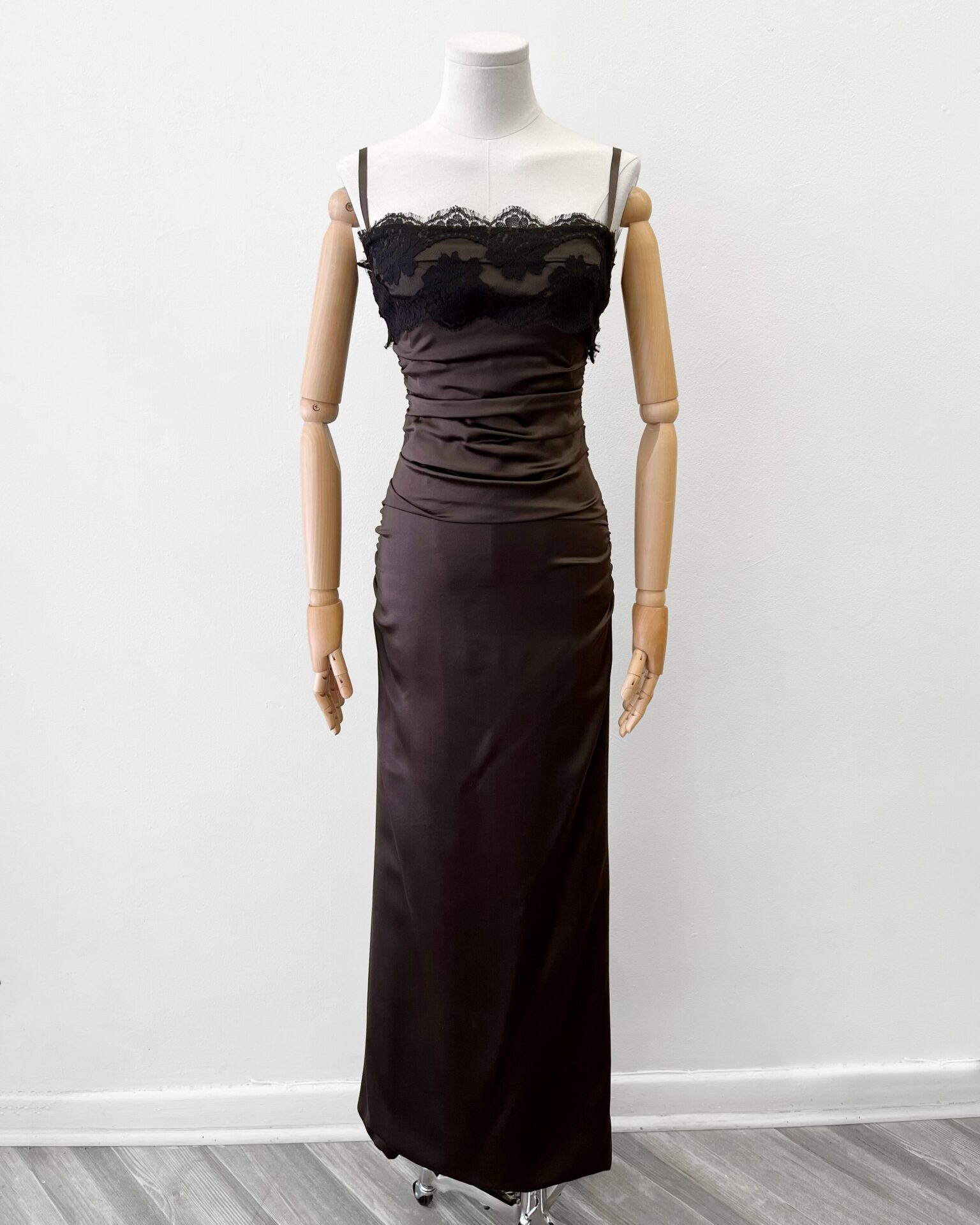 Dolce & Gabbana chocolate silk satin gown with black lace bust