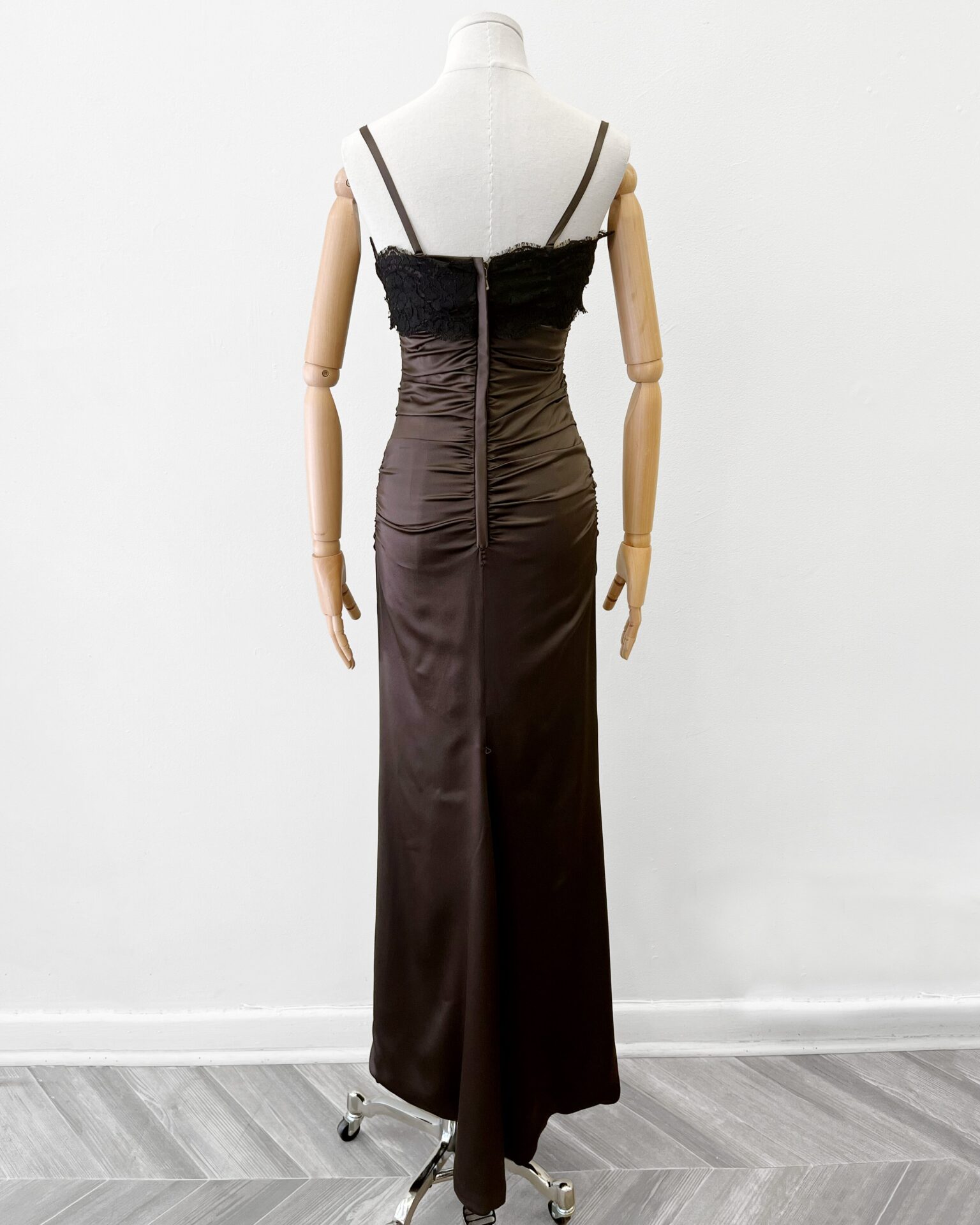 Dolce & Gabbana chocolate silk satin gown with black lace bust