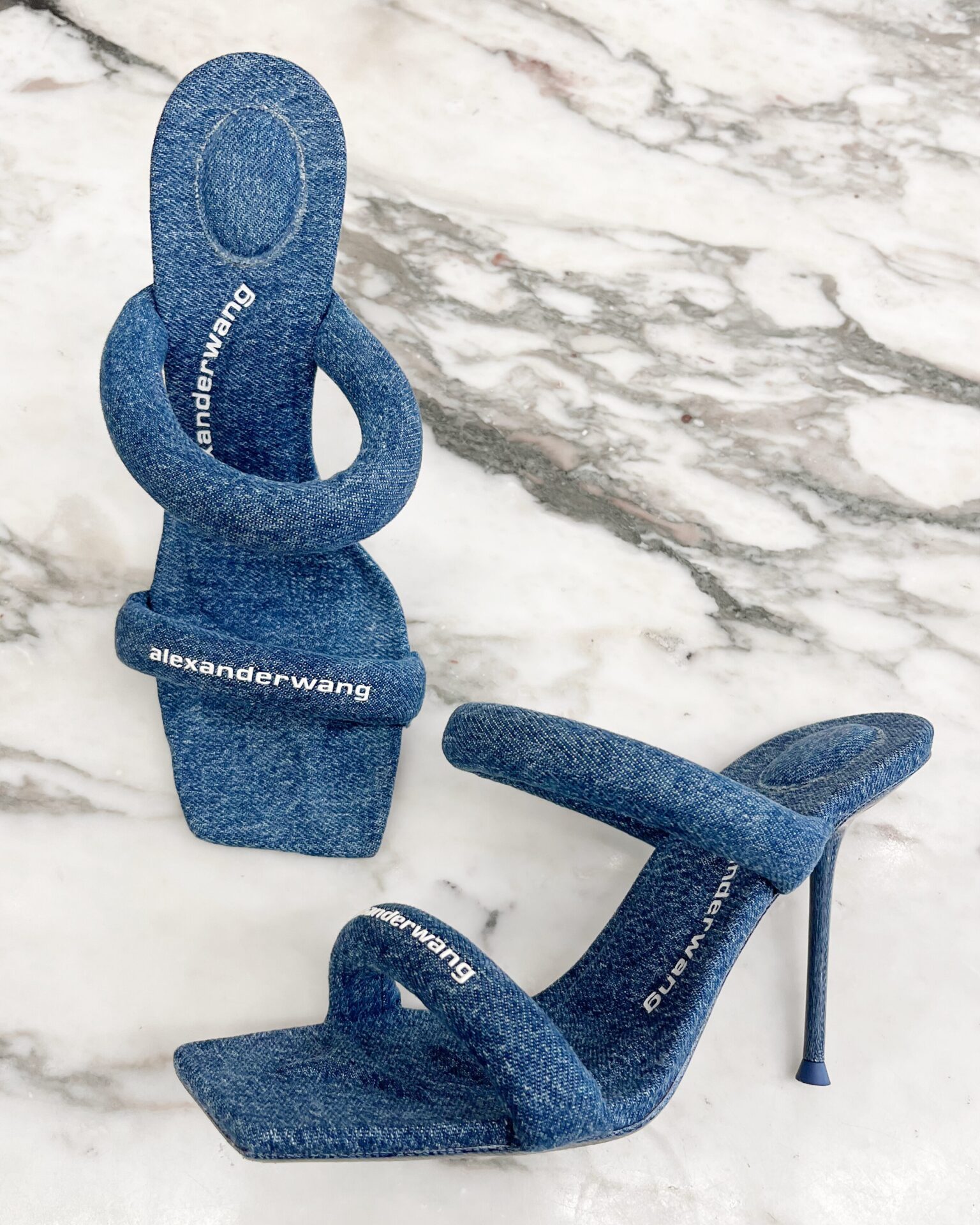 Alexander Wang denim Julie crystal tubular sandal heels