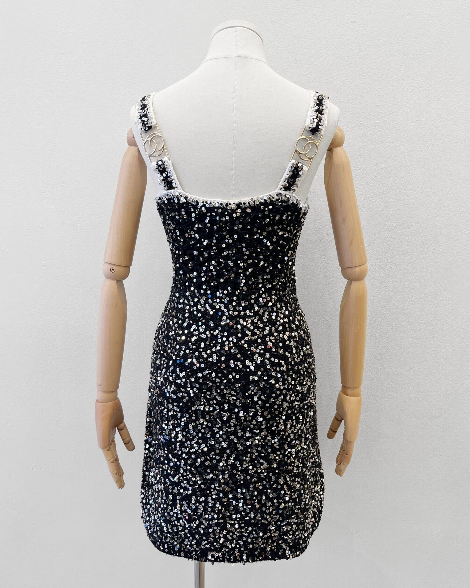 Chanel 2023 black & cream cotton knit sequined mini dress