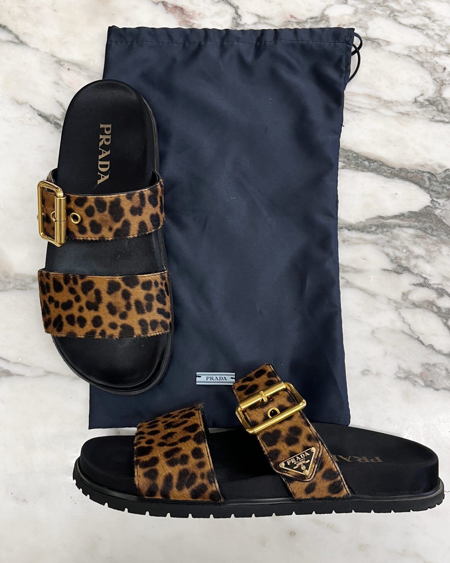 Prada pony hair leopard print sandals with triangle logo
