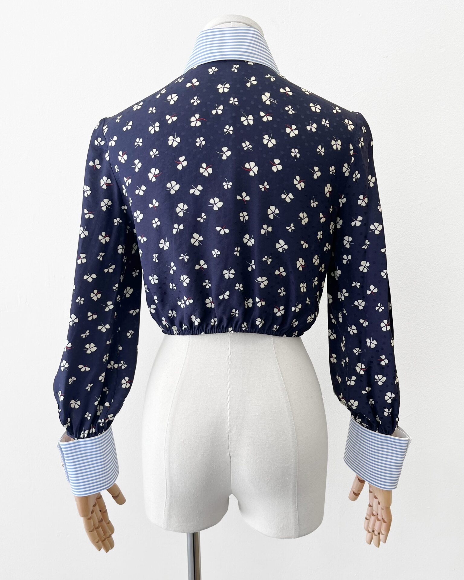 Prada navy silk clover print crop top with cotton cuffs & collar