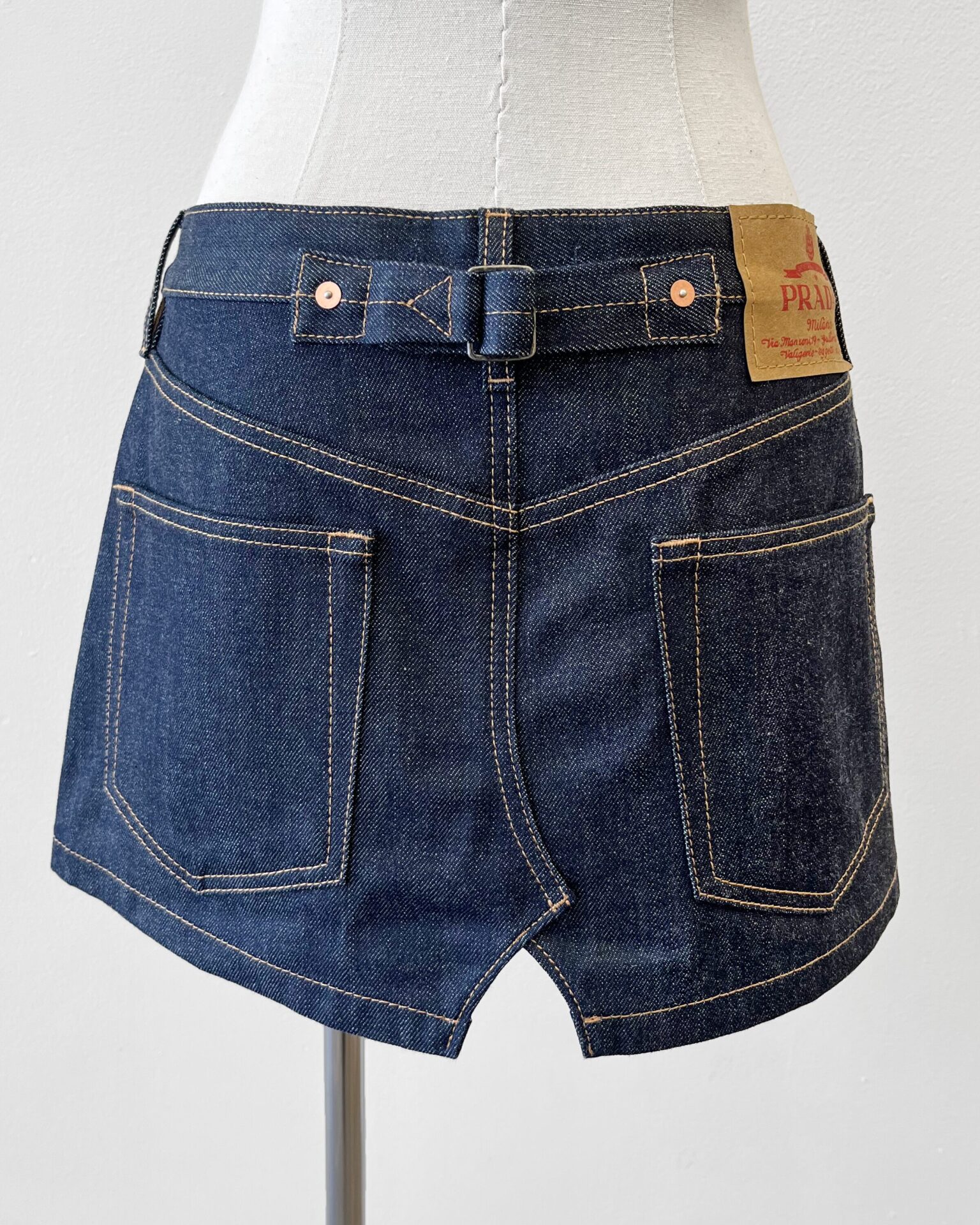 Prada Brand-plaque low rise selvedge denim mini skirt