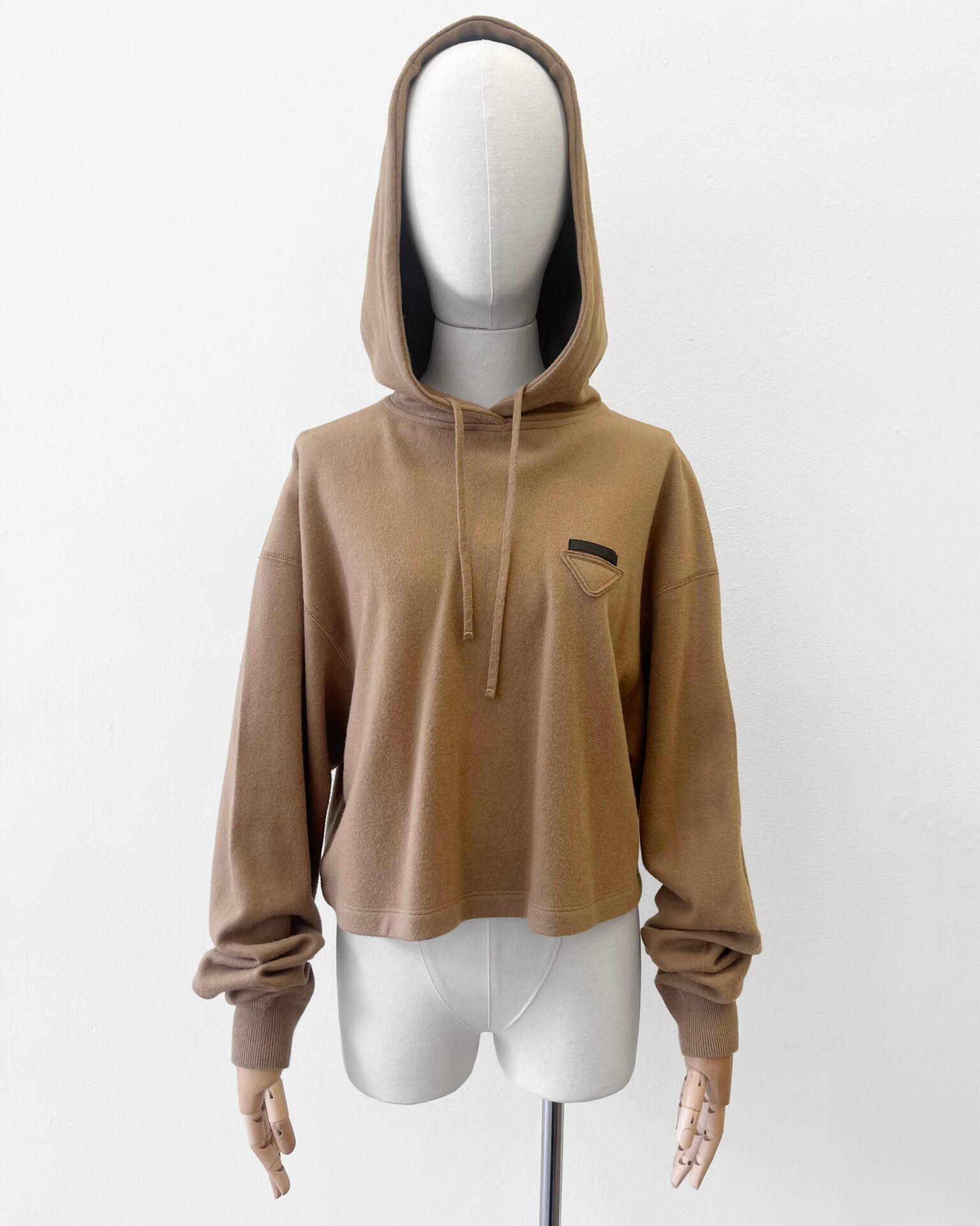 Prada wool cashmere tan cropped hooded sweatshirt