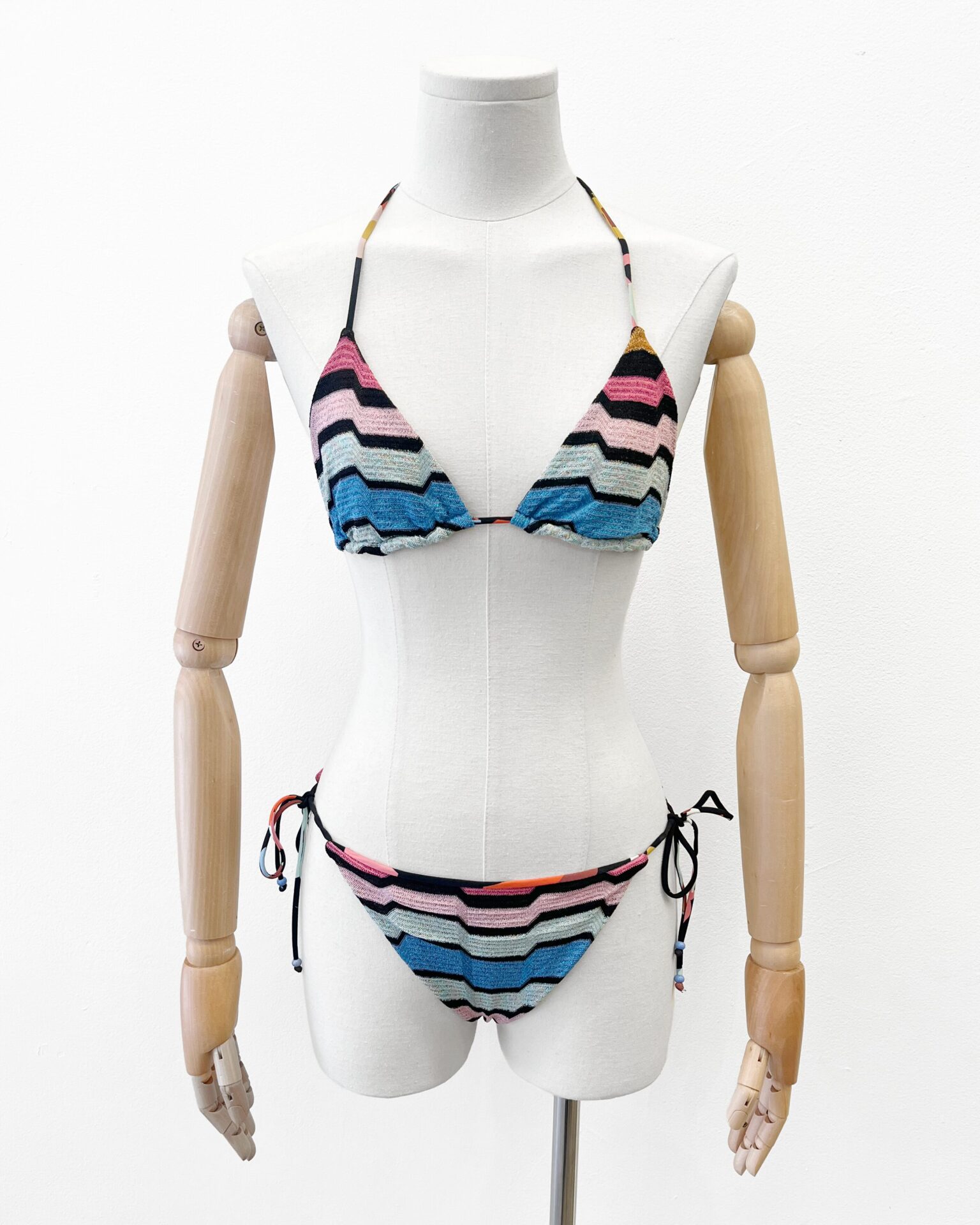 Missoni 2 piece bikini in black blue pink and gold sparkle knit