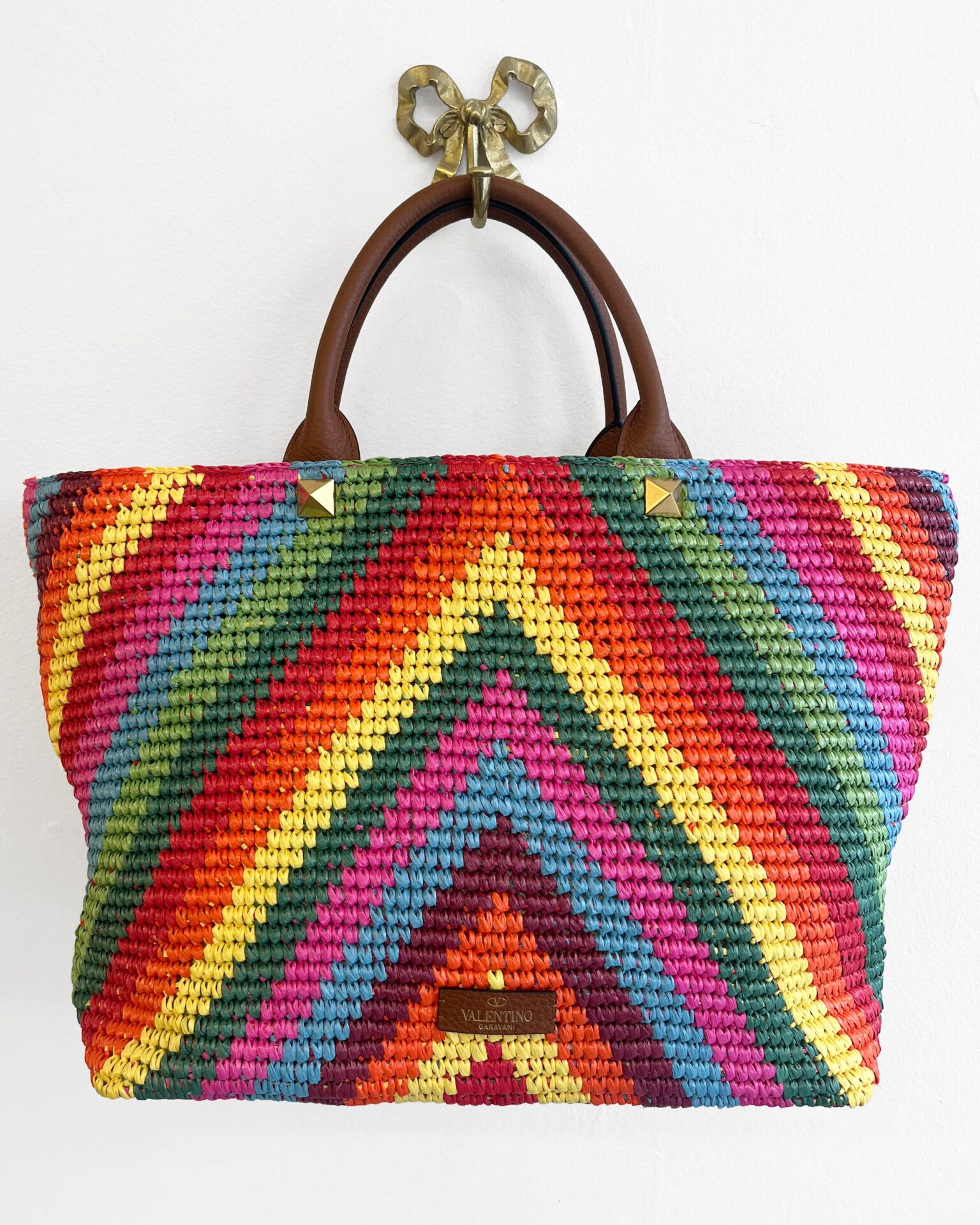 Valentino multicolour raffia and leather Rockstud tote/shoulder bag