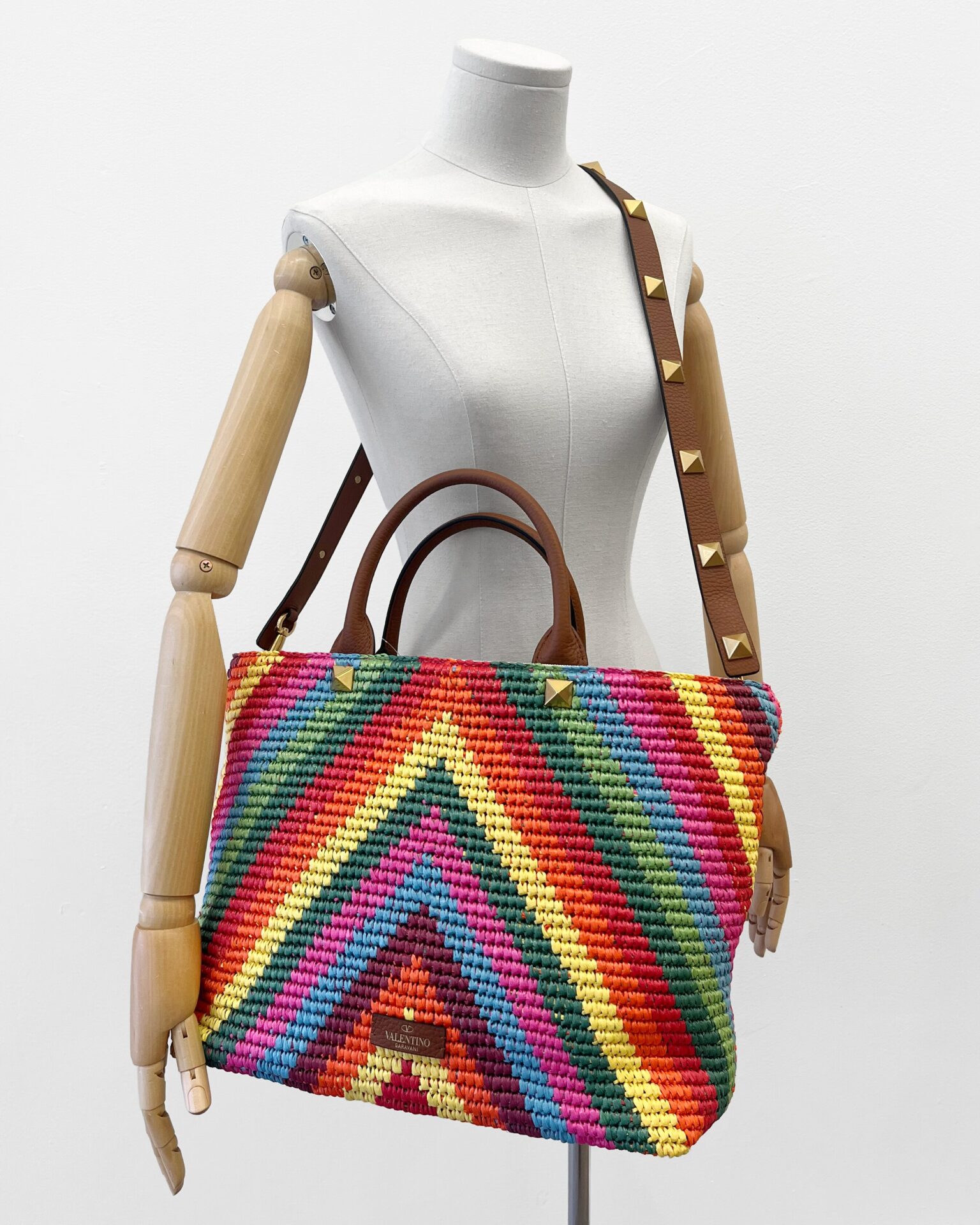 Valentino multicolour raffia and leather Rockstud tote/shoulder bag