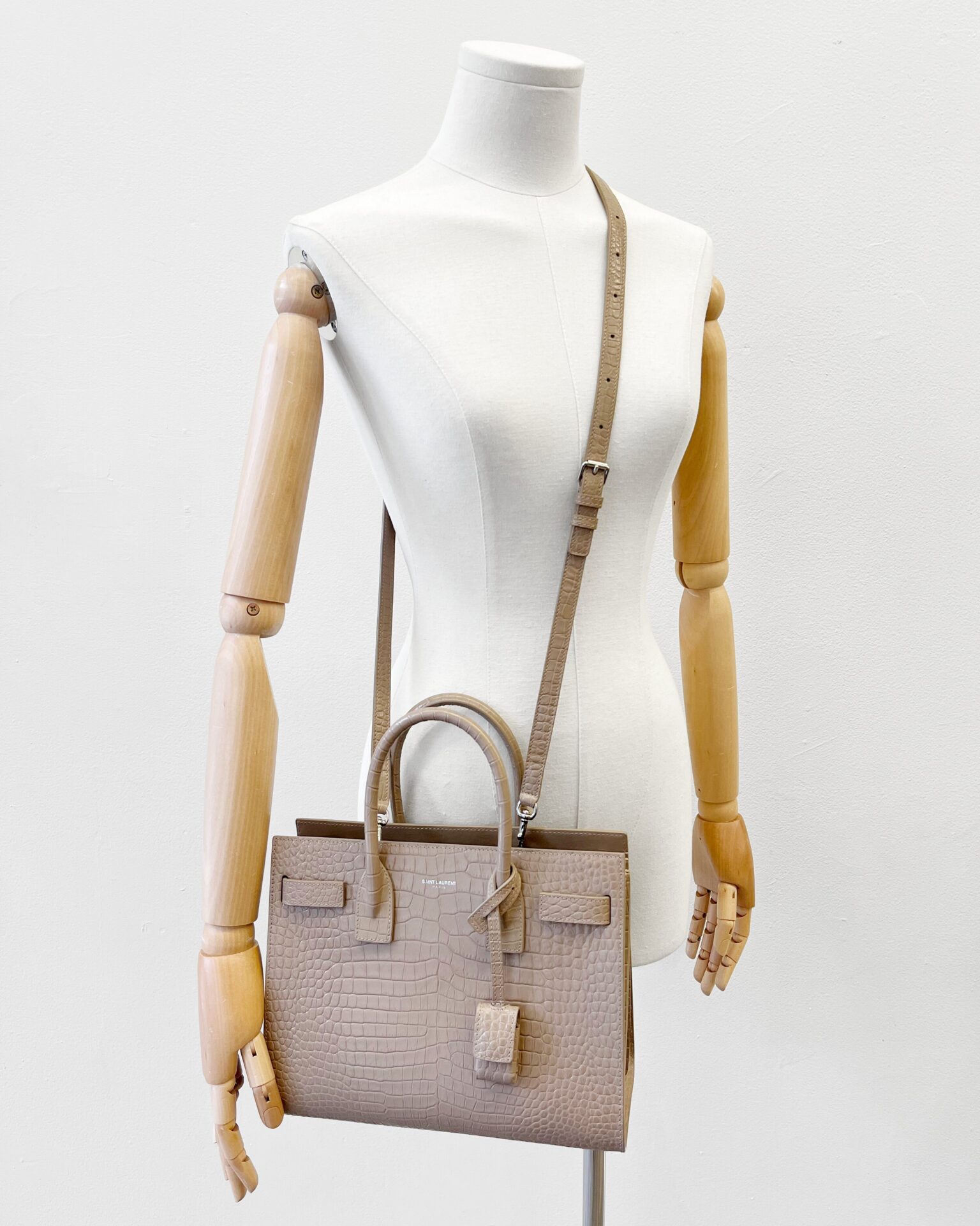 Saint Laurent 2018 Baby Sac de Jour in croc embossed taupe leather