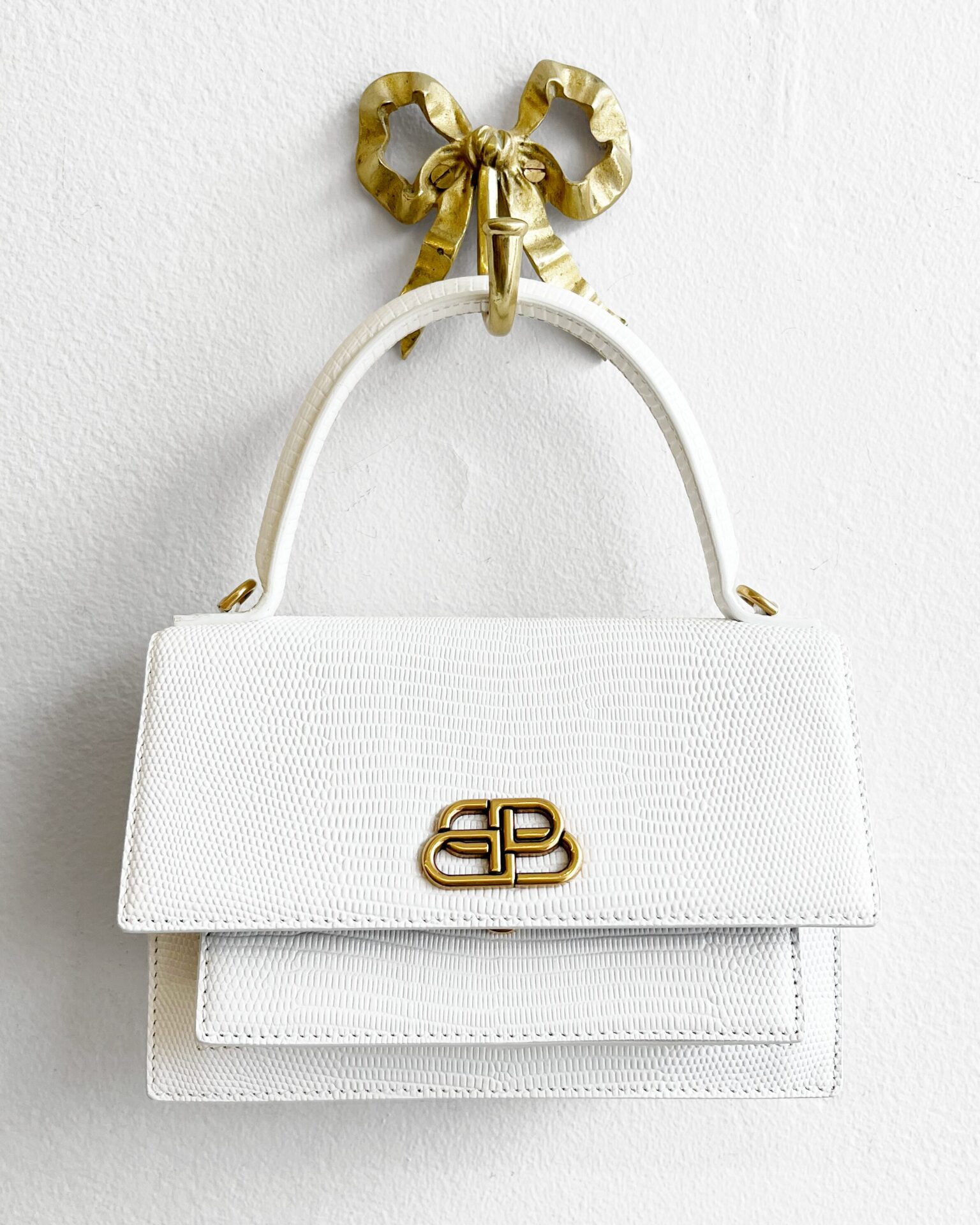 Balenciaga XS sharp top handbag in white embossed lizard
