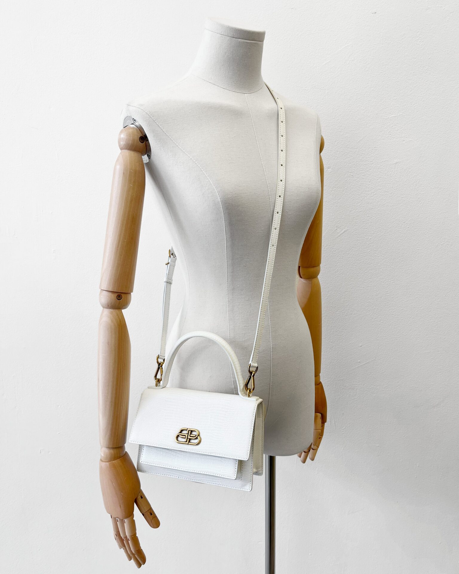 Balenciaga XS sharp top handbag in white embossed lizard