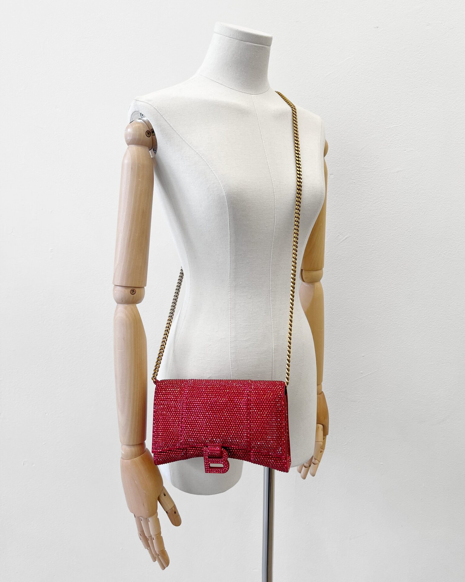 Balenciaga Hourglass wallet on chain in red suede and crystal
