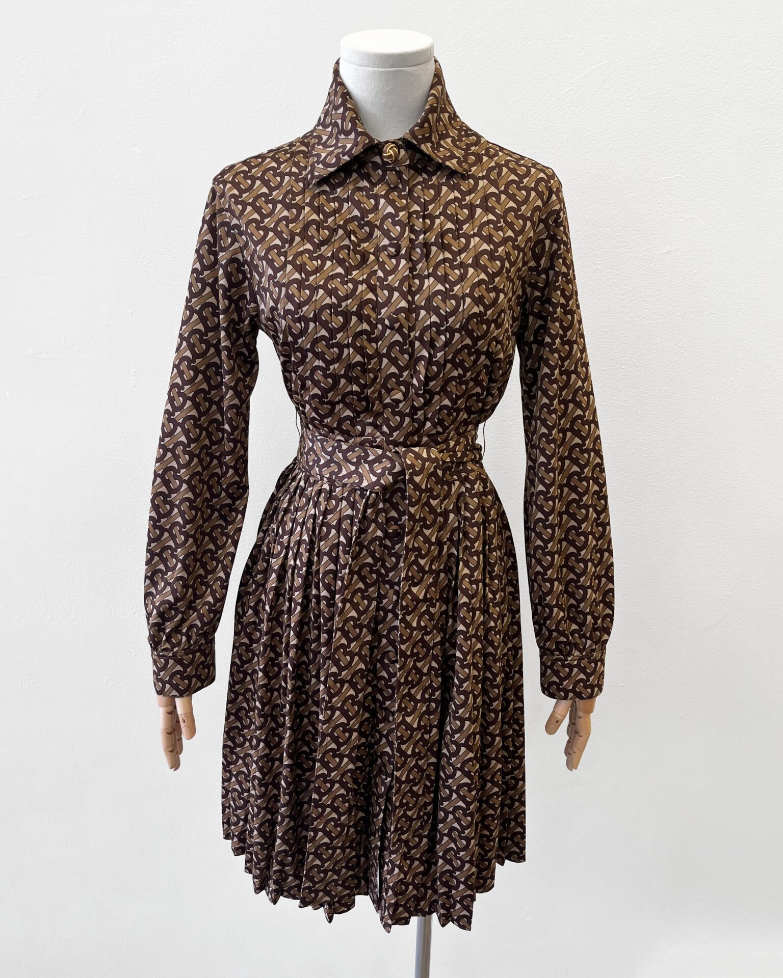 Burberry TB monogram chocolate jersey snap front belted dress