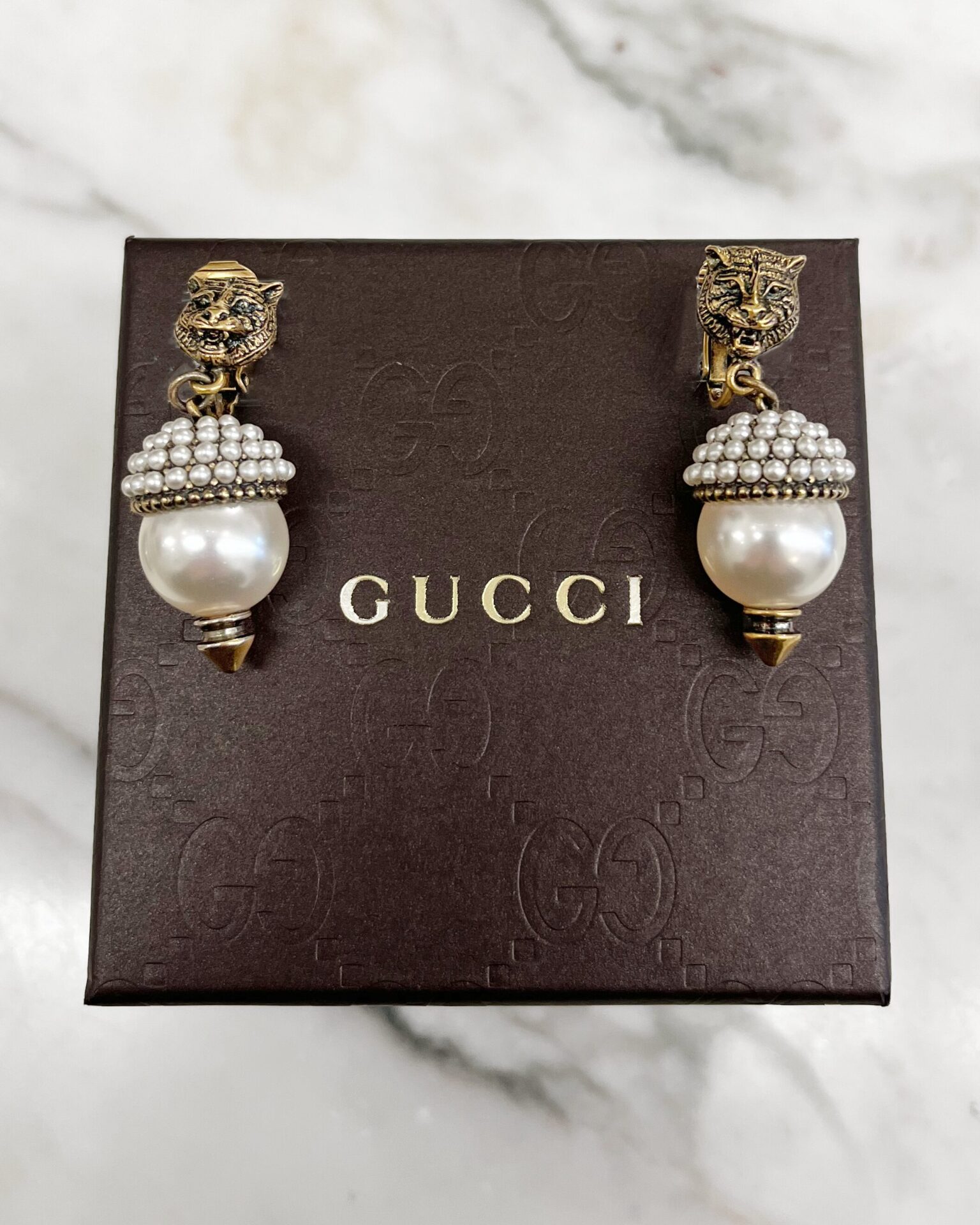 Gucci antiqued gold-tone Feline Head faux pearl drop earrings