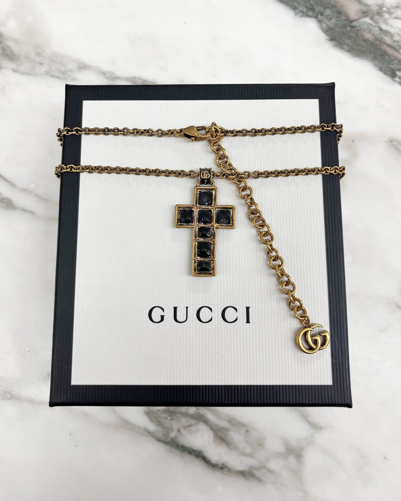 Gucci cross pendant brass link necklace