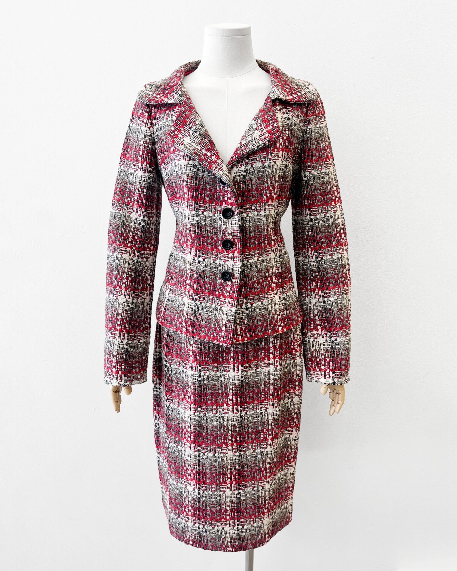 Carolina Herrera silk tweed skirt suit in cream, red, taupe and grey