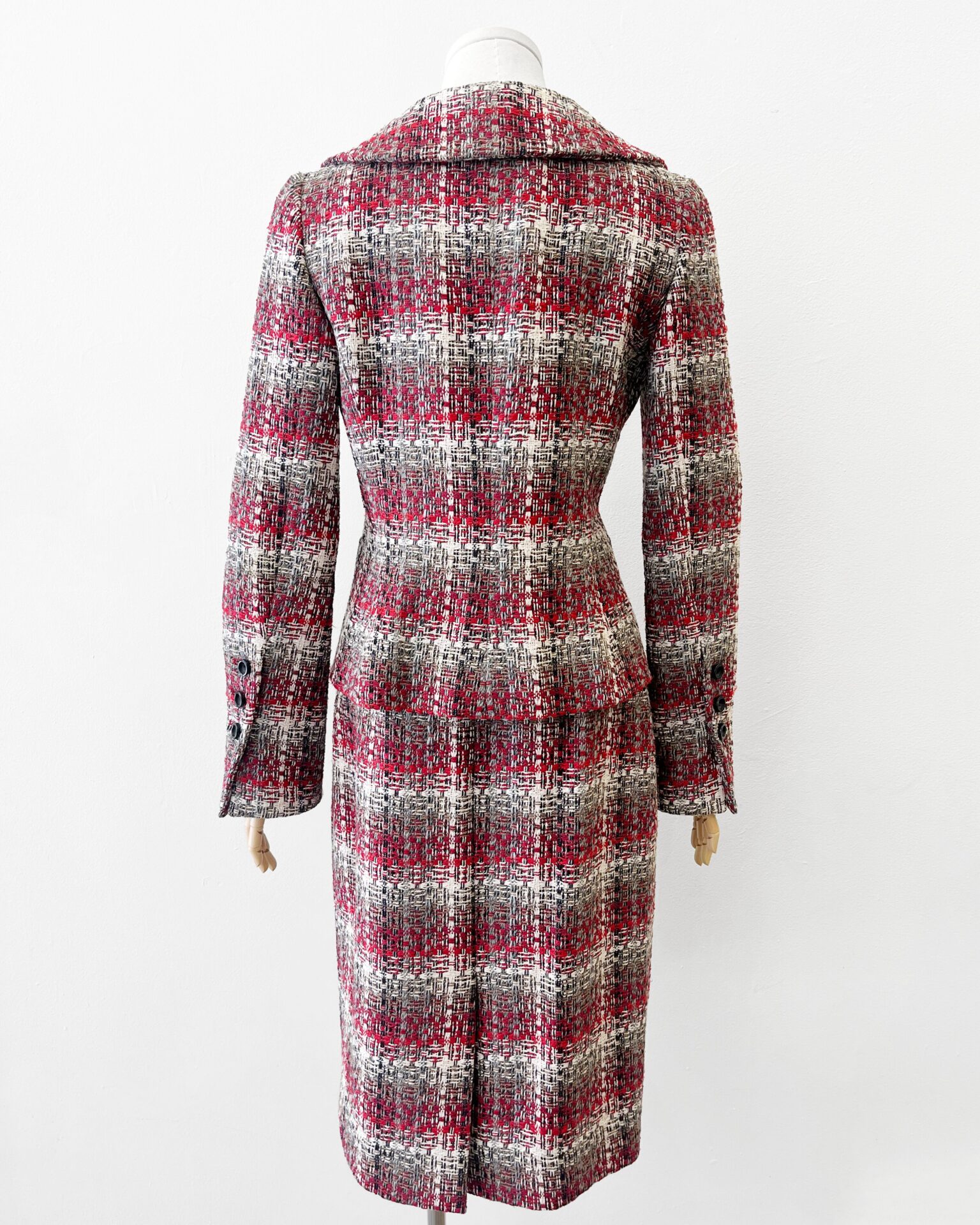 Carolina Herrera silk tweed skirt suit in cream, red, taupe and grey