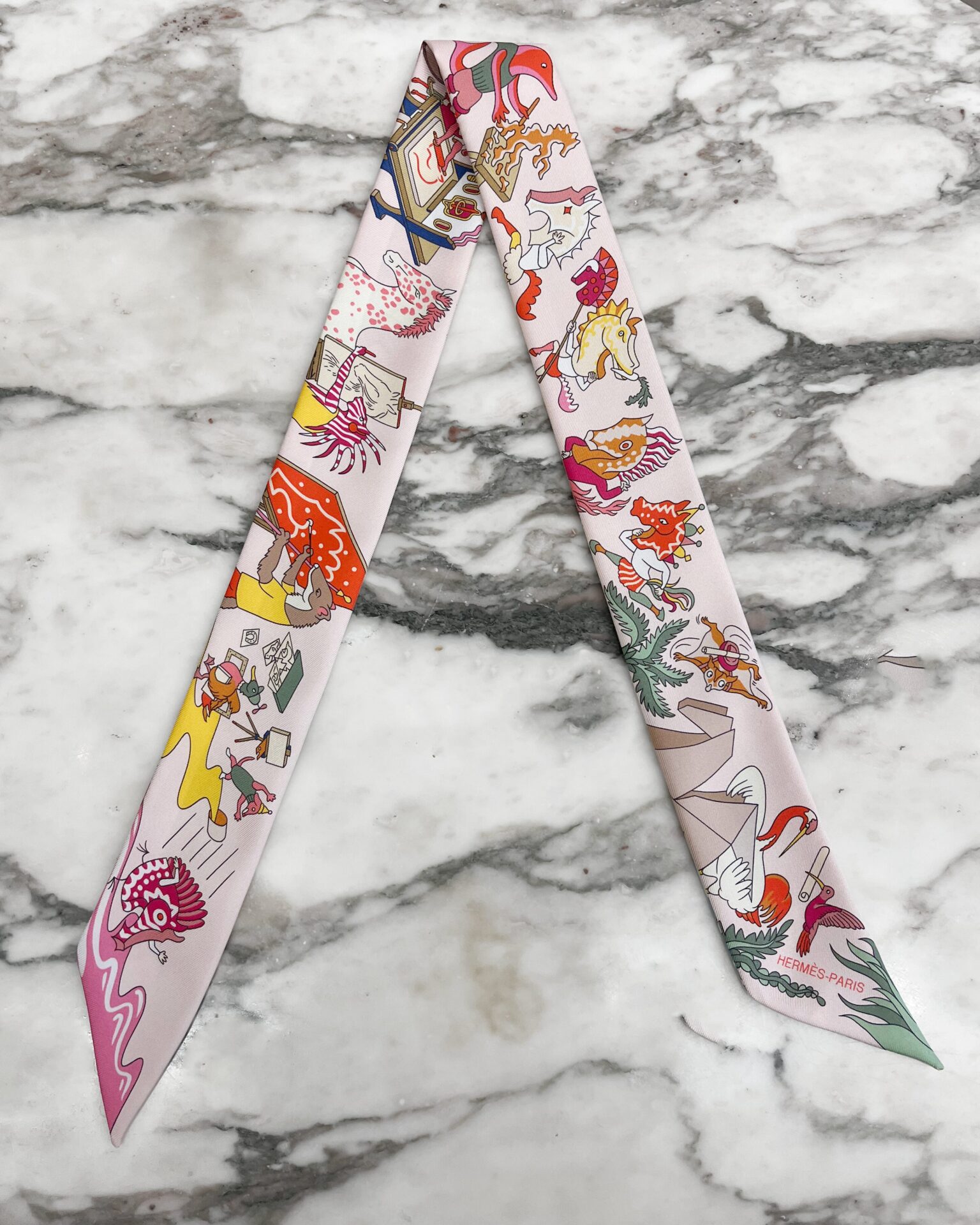 Hermes Academia Hippica twilly silk scarf in rose pink