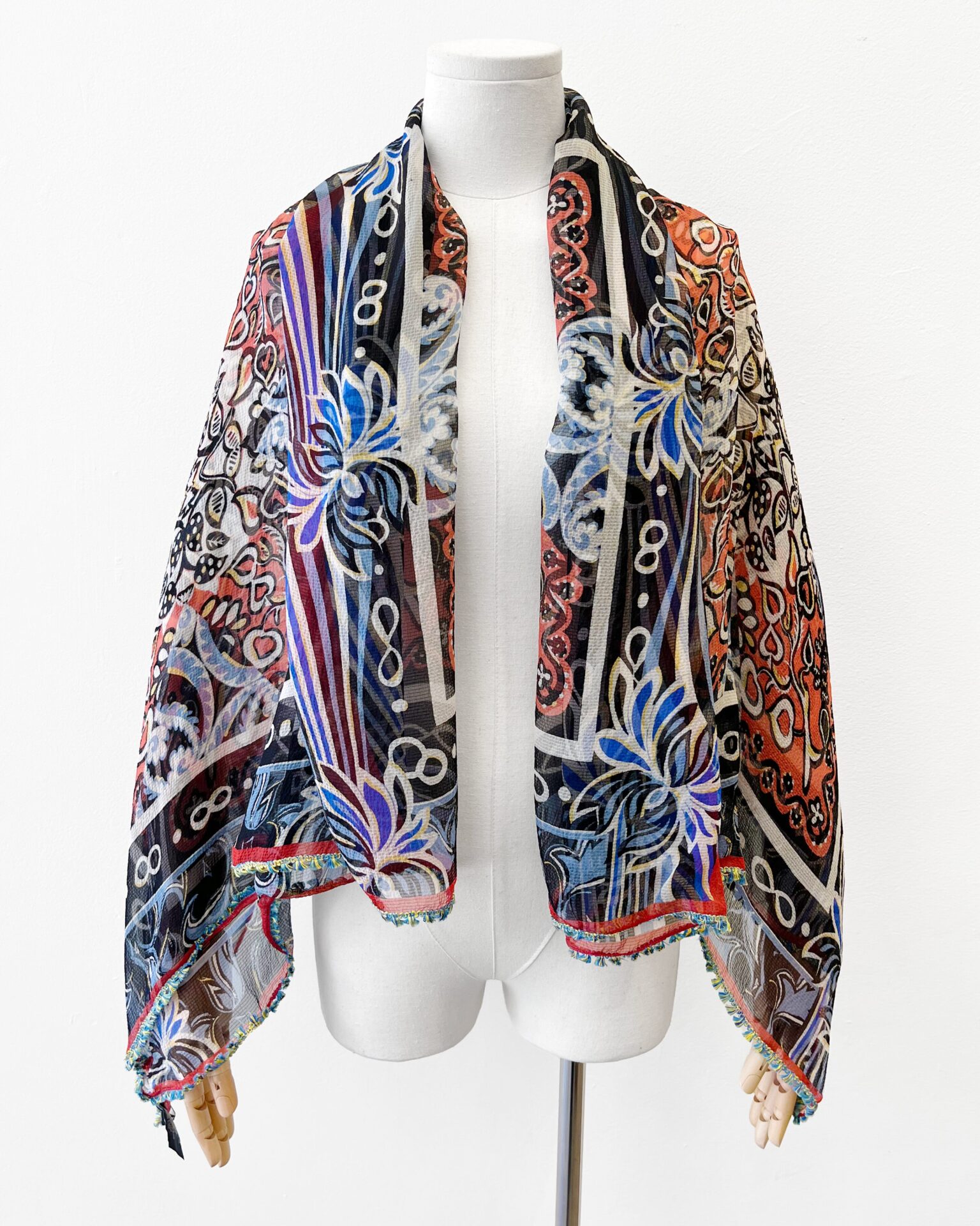 Etro silk chiffon red & blue print shawl with fringe trim