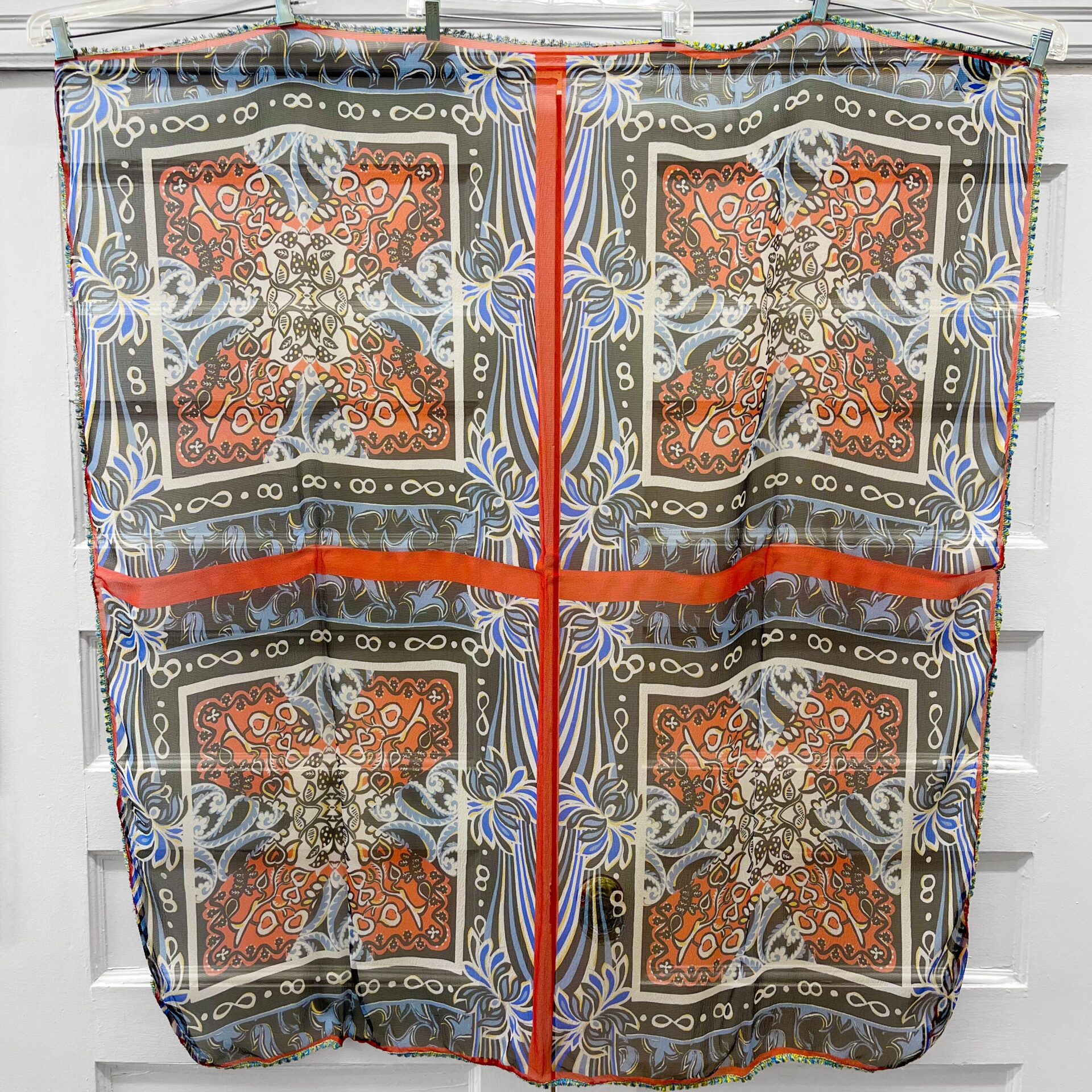 Etro silk chiffon red & blue print shawl with fringe trim