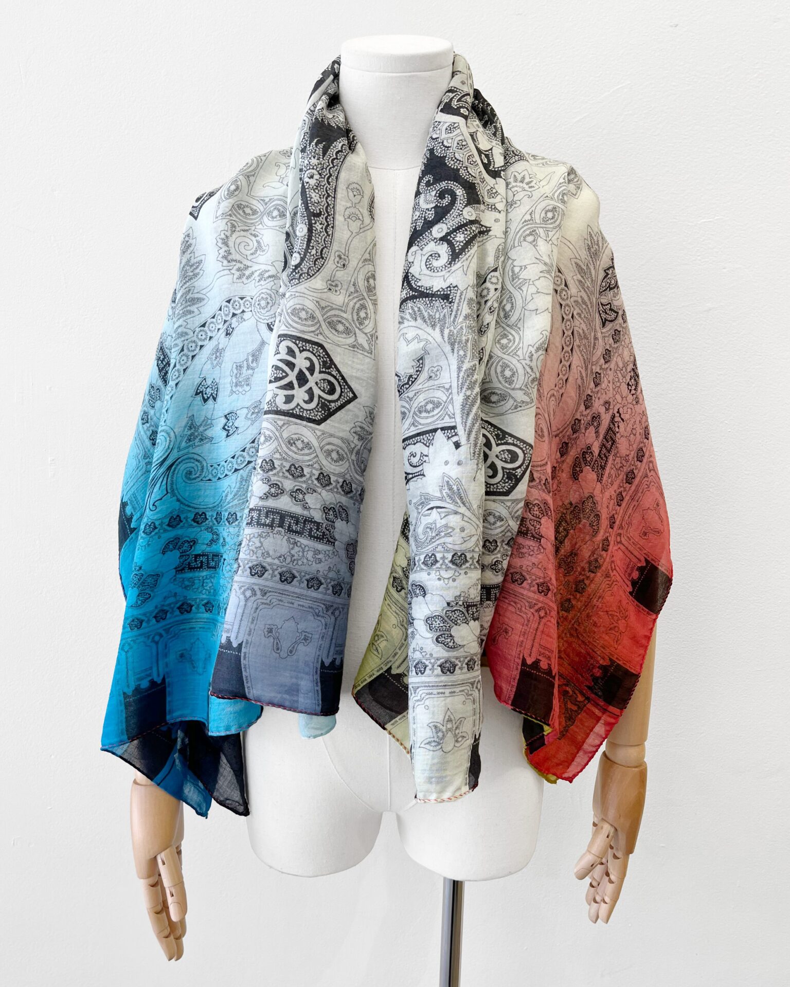 Etro silk & wool paisley print large shawl scarf with colour fade