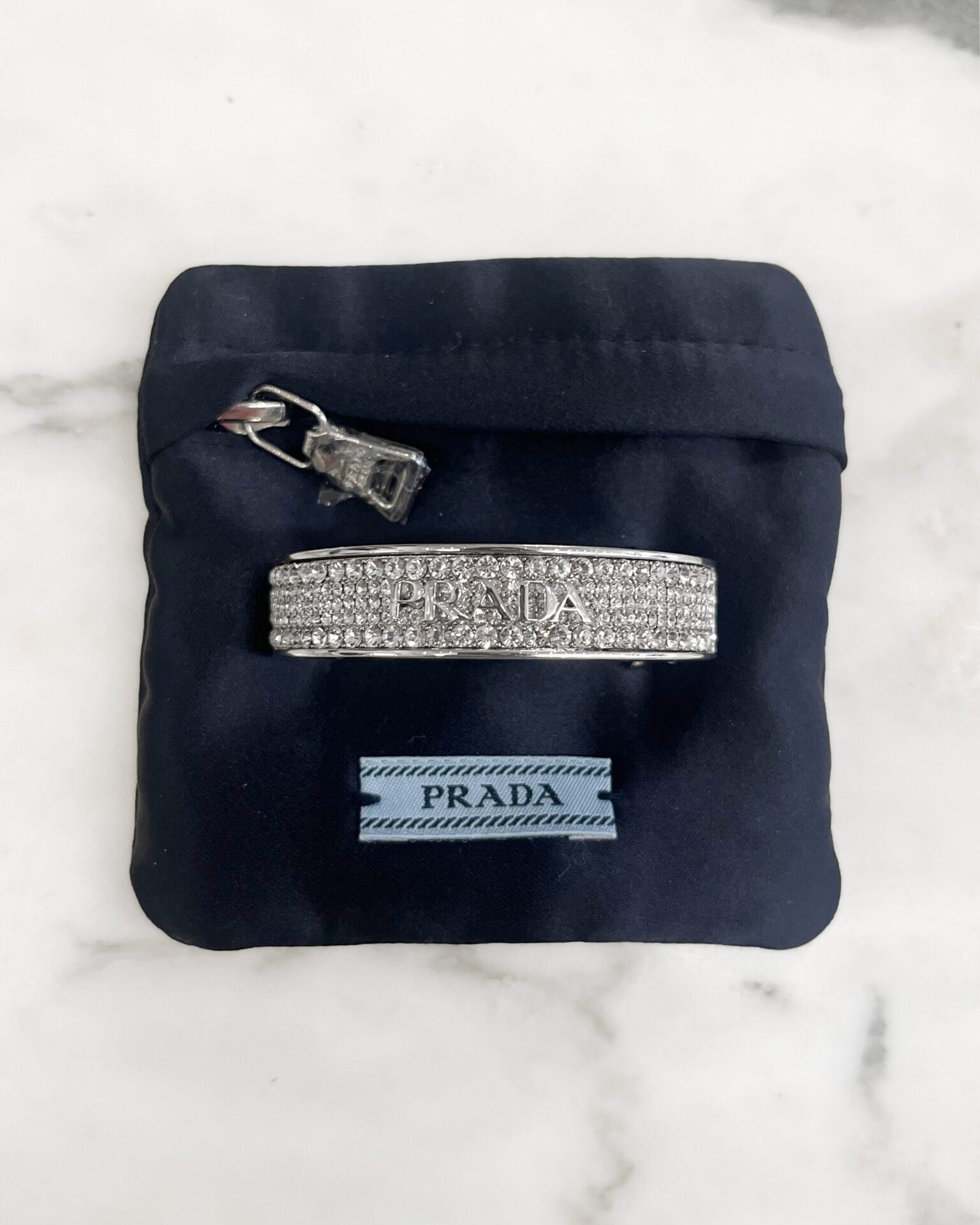 Prada logo hair clip in crystal & silver-tone metal