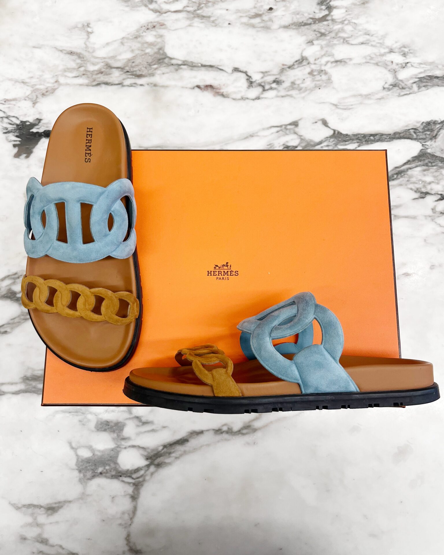Hermes Extra sandal in blue and cognac suede