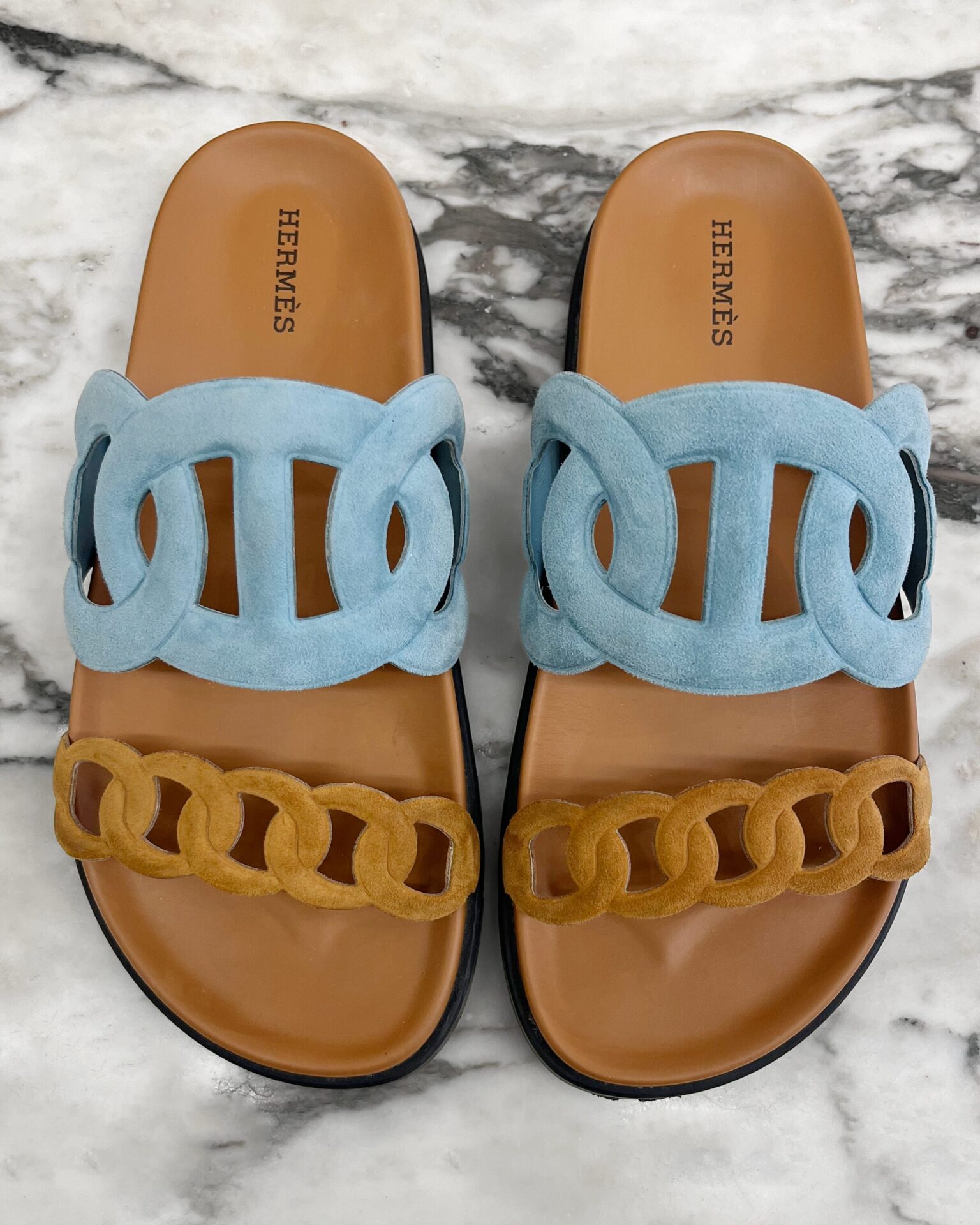 Hermes Extra sandal in blue and cognac suede