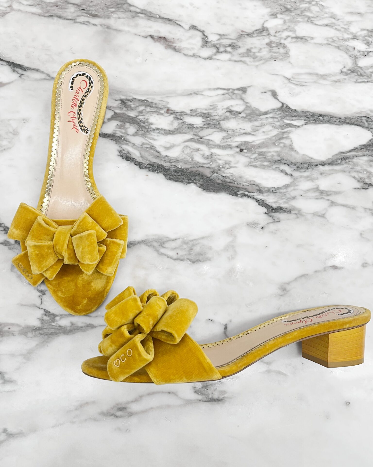 Charlotte Olympia mustard velvet bow sandals