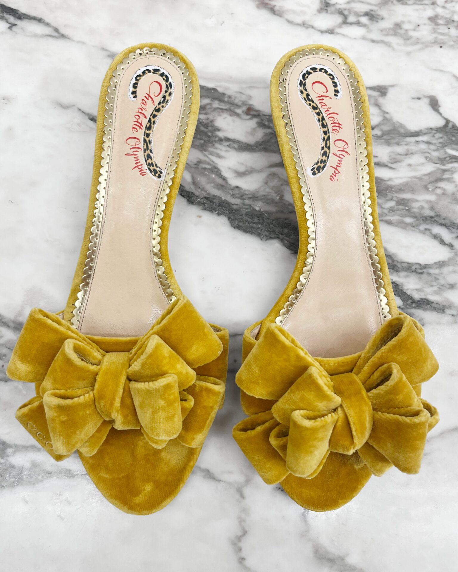 Charlotte Olympia mustard velvet bow sandals