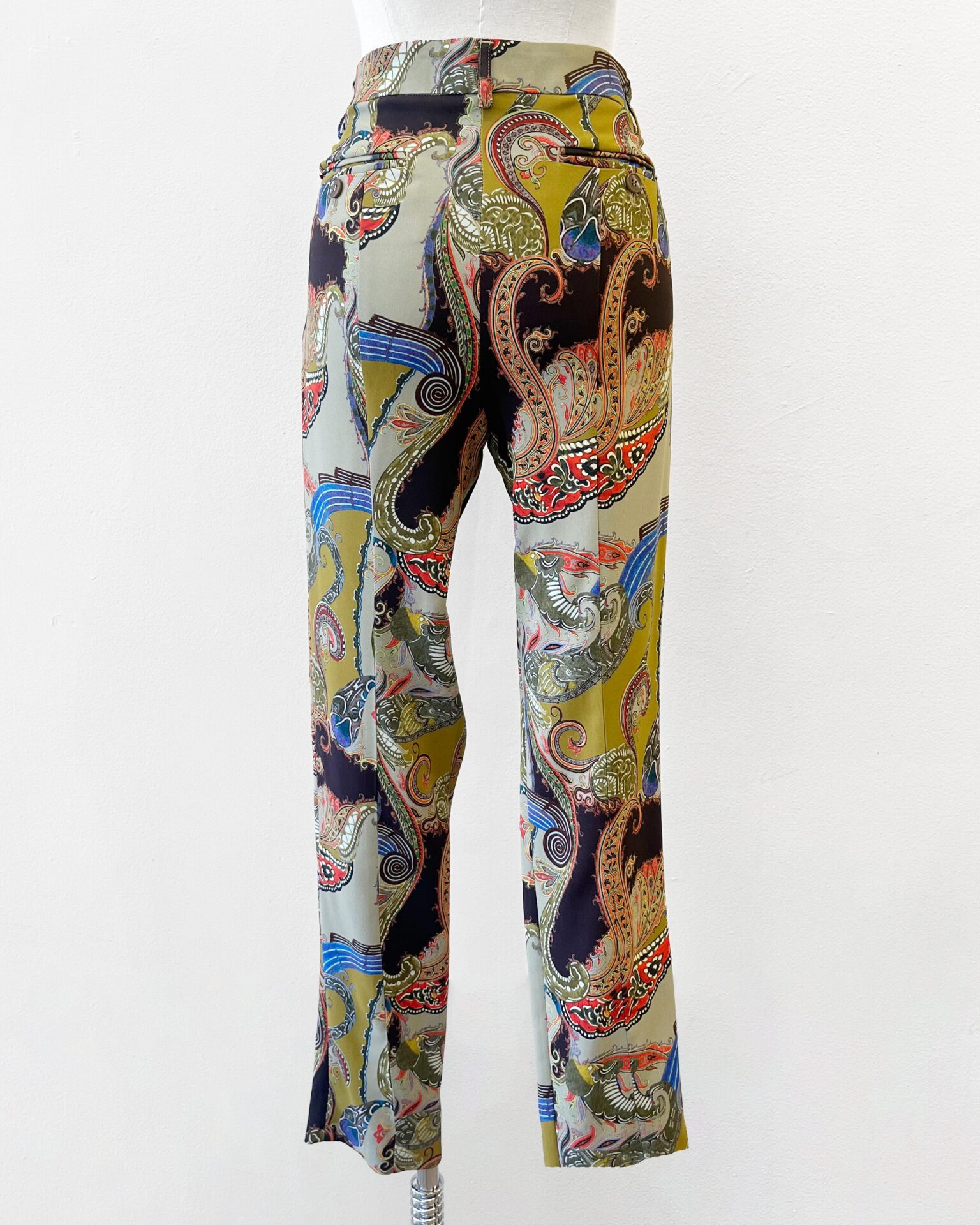 Etro paisley print pants in green brown red & blue