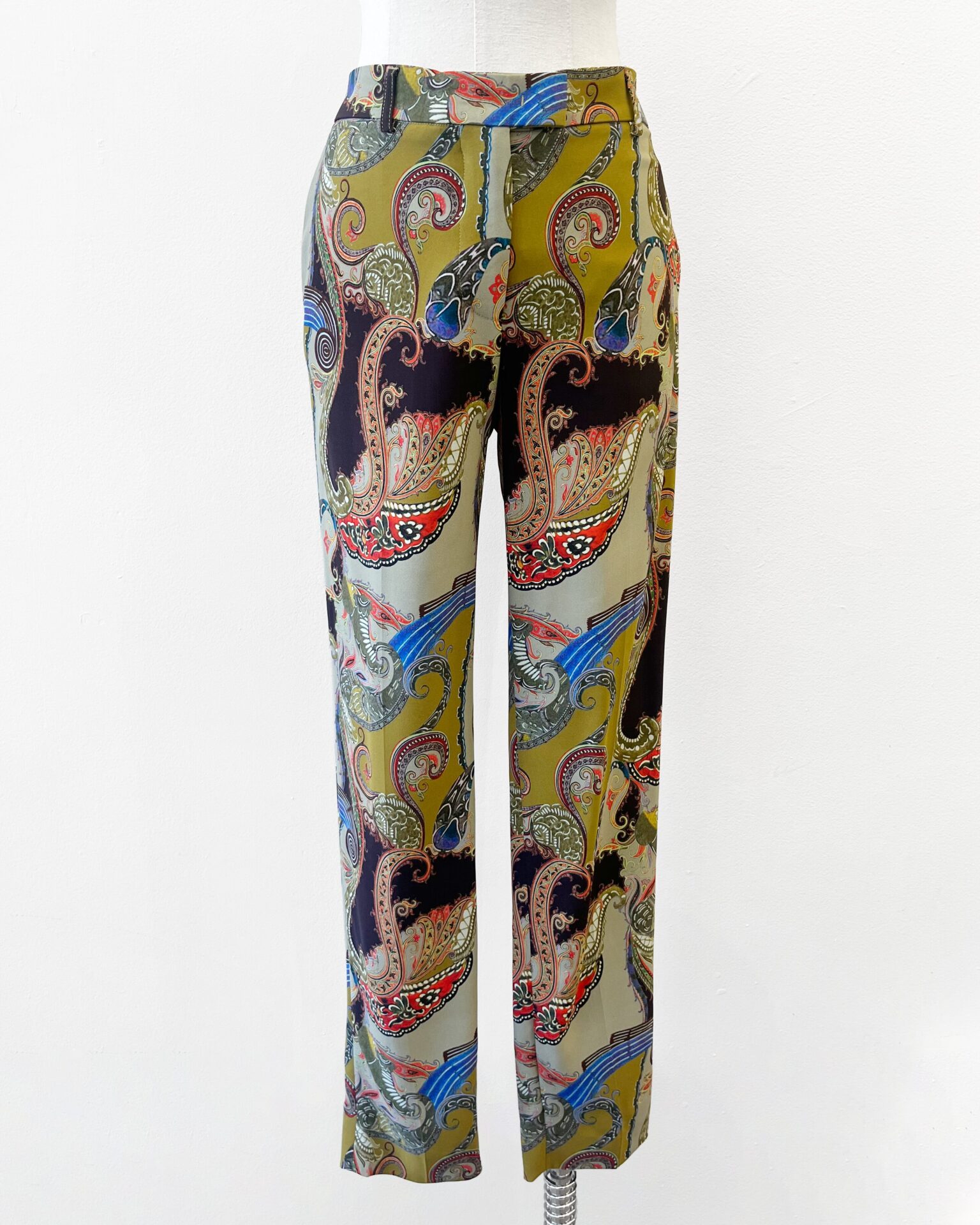 Etro paisley print pants in green brown red & blue
